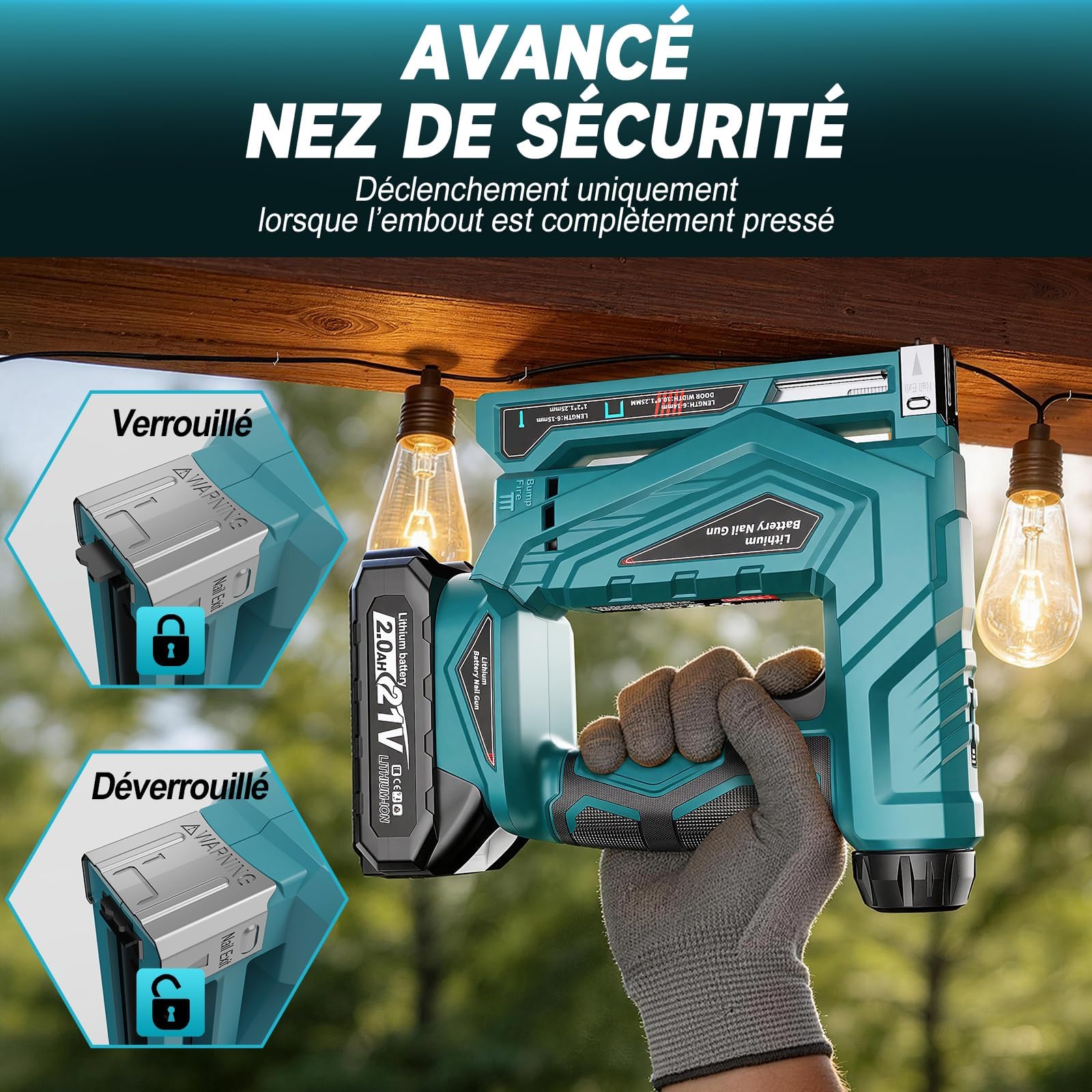 Grapadora Eléctrica con 2 Baterías 2.0Ah, 2 en 1 Clavadora Eléctrica de Clavos y Grapadora con 2000 Clavos y Grapas, 2 Modos de Disparo, Potencia Ajustable para Tapicería, Carpintería y Bricolaje