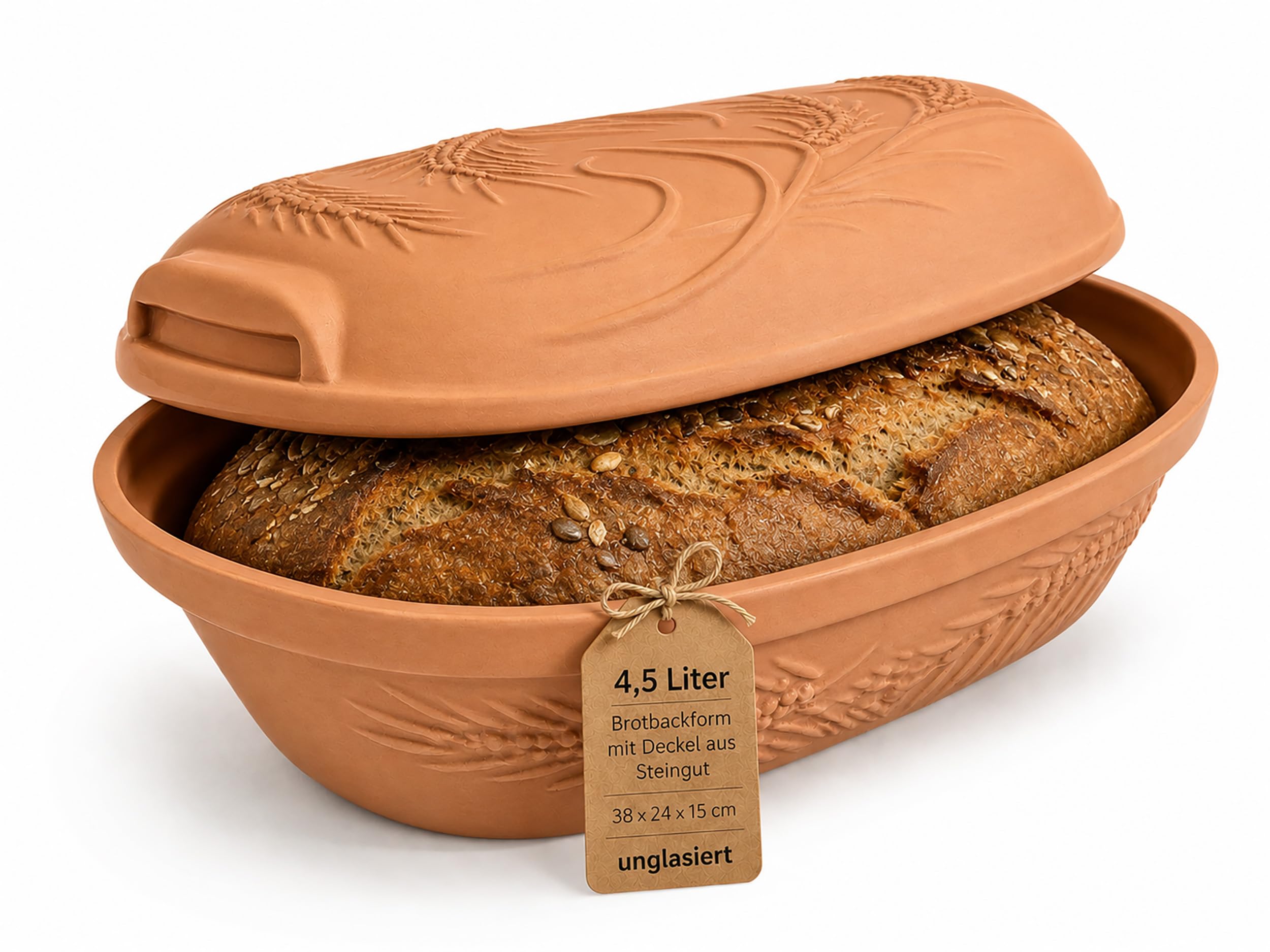 4,5 Liter Brotbackform mit Deckel und Getreidemuster aus Steingut, 38×24×15 cm, Bräter, Auflaufform, Gratinform, Schmortopf, Brottopf (Ohne Glasur)