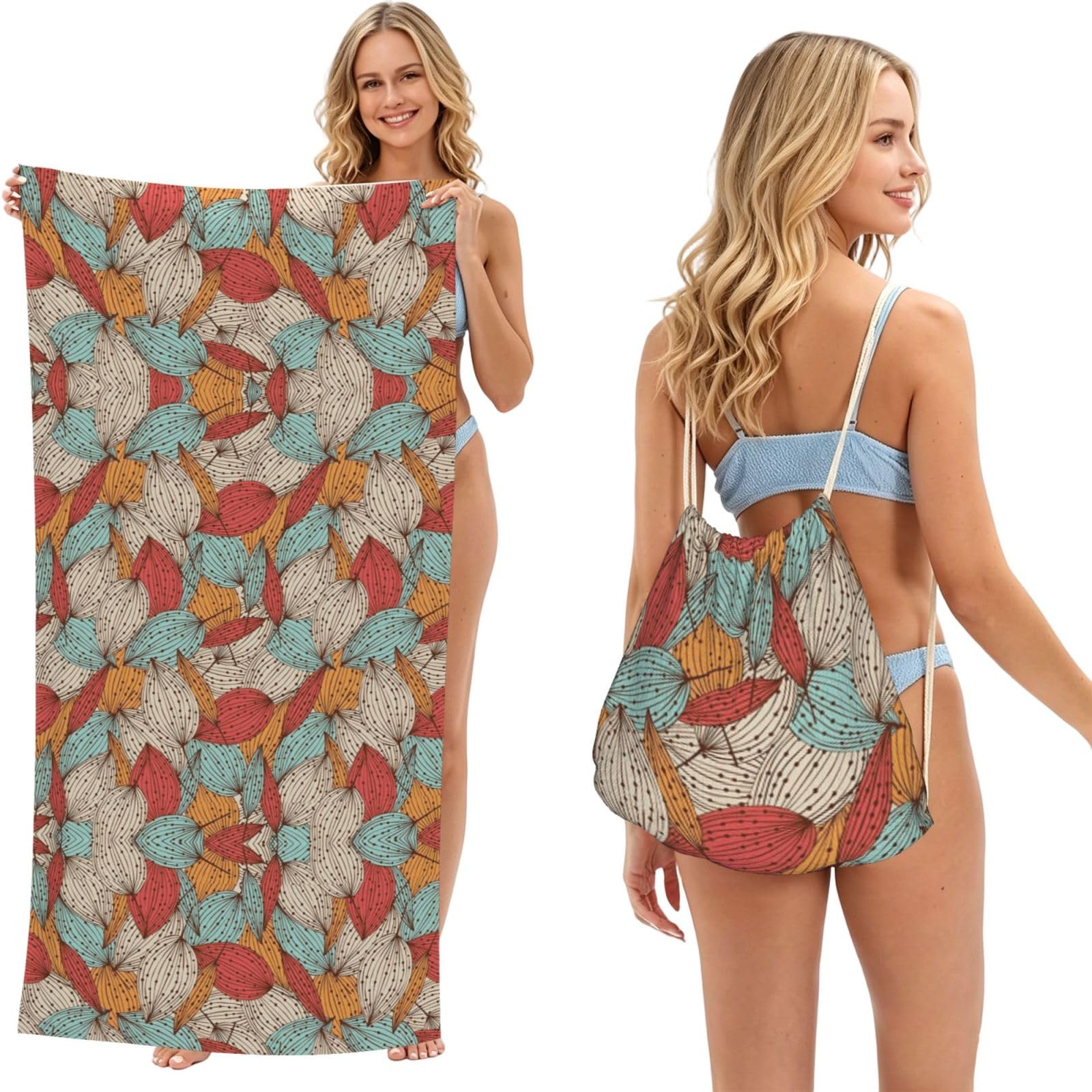 SATUSA Leaves Print 2-In-1 Foldable Beach Towel Backpack â€“ Camping, Yoga And Travel,Bath Towel With Built-In Storage, Convertible Beach Mat & Carry Bag