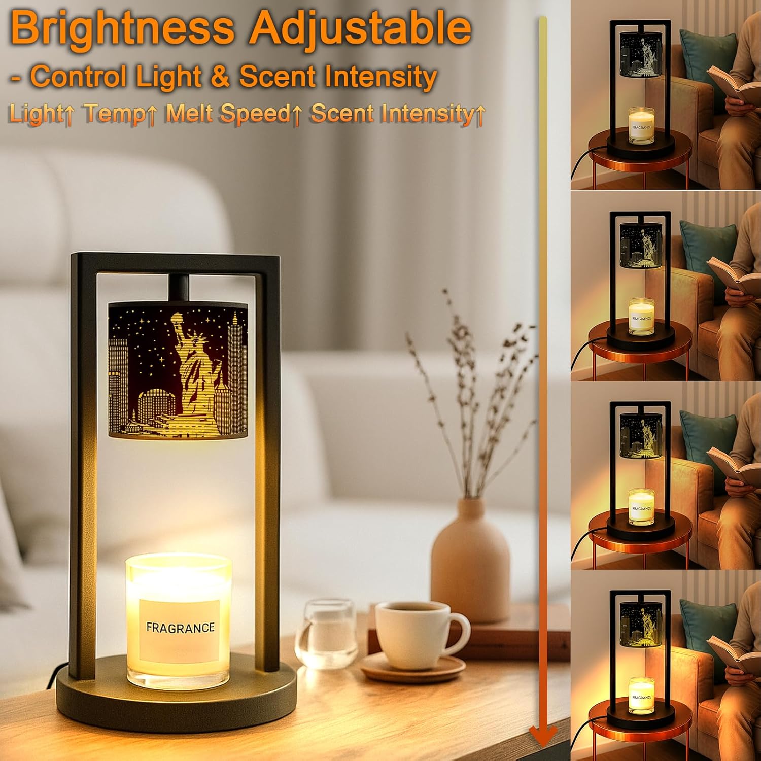 NYC Candle Warmer Lamp - Wax Melter with Timer, Dimmer, Auto Off, Statue of Liberty Decor for Jar Candles, City Skyline Home Decor for Living Room, Bedroom, Housewarming (2 Bulbs Included)