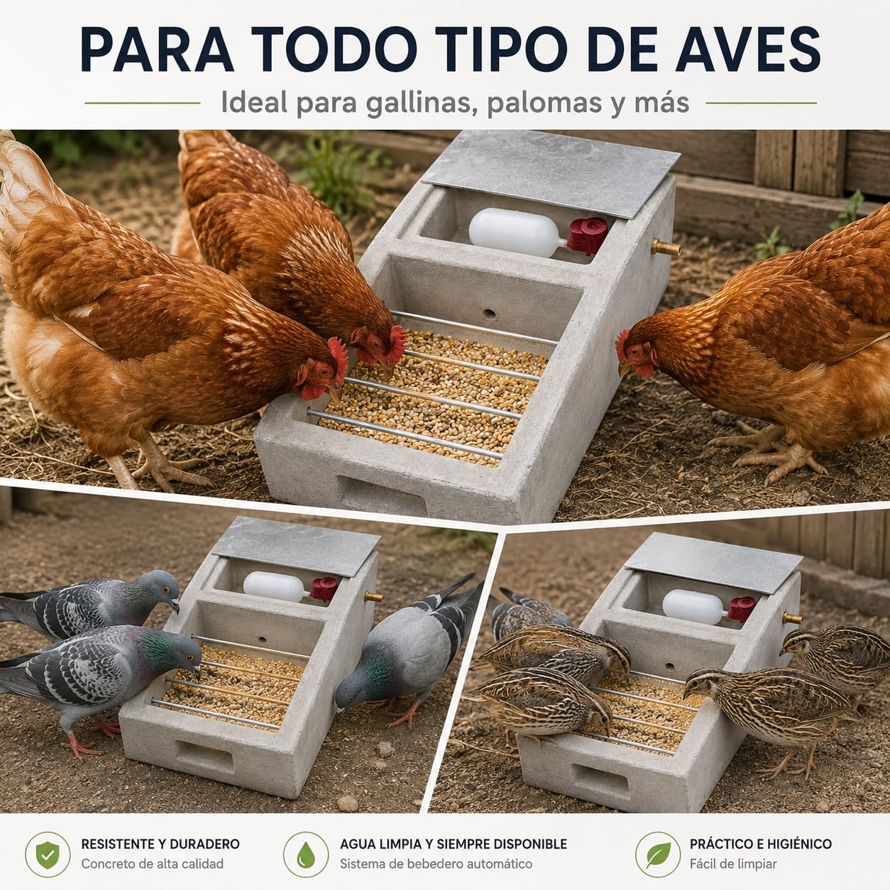 Comedero y Bebedero para Aves de Hormigón | Anti Vuelcos y Derrames | Exterior Resistente | para Gallinas, Palomas y Aves | Vegara Stone 40x25 cm
