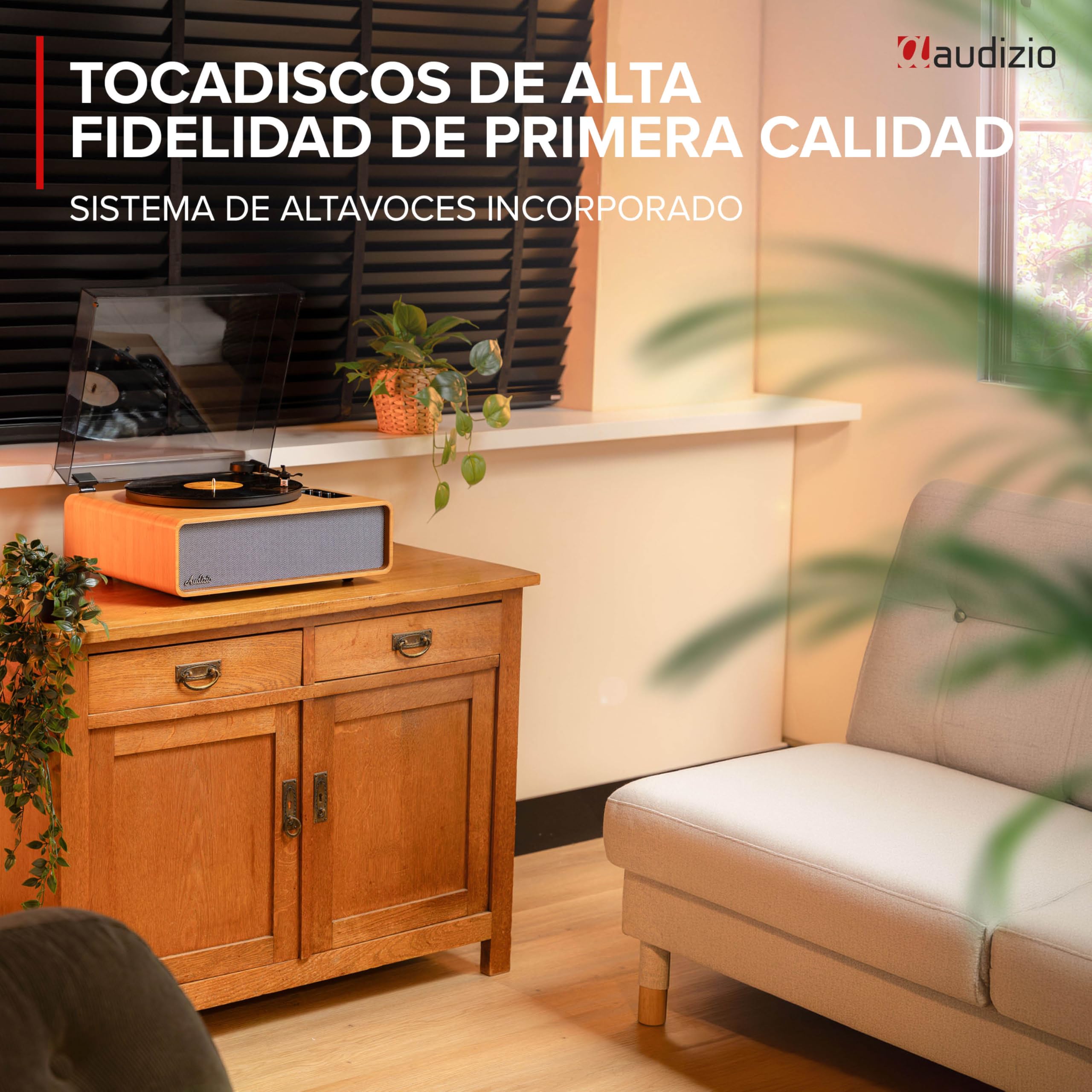 Audizio Laredo – Tocadiscos de Vinilo Bluetooth con Altavoces HiFi 160W, cápsula Audio Technica, Gira Discos con Plato de 29 cm, giradiscos Vinilo con RCA y BT in/out, Acabado en bambú