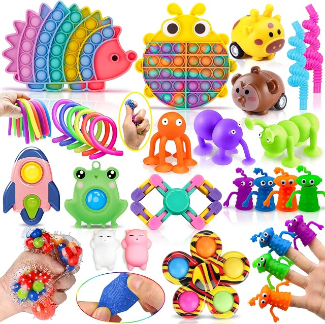 Lubibi Fidget Toys Set ,31 Pcs Fidget Pack For Anxiety Relief Stress Sensory Toys Fidget Box with Finger Puppets Bubble Pop Stress Ball Birthday Party Favors for Kids and Adults