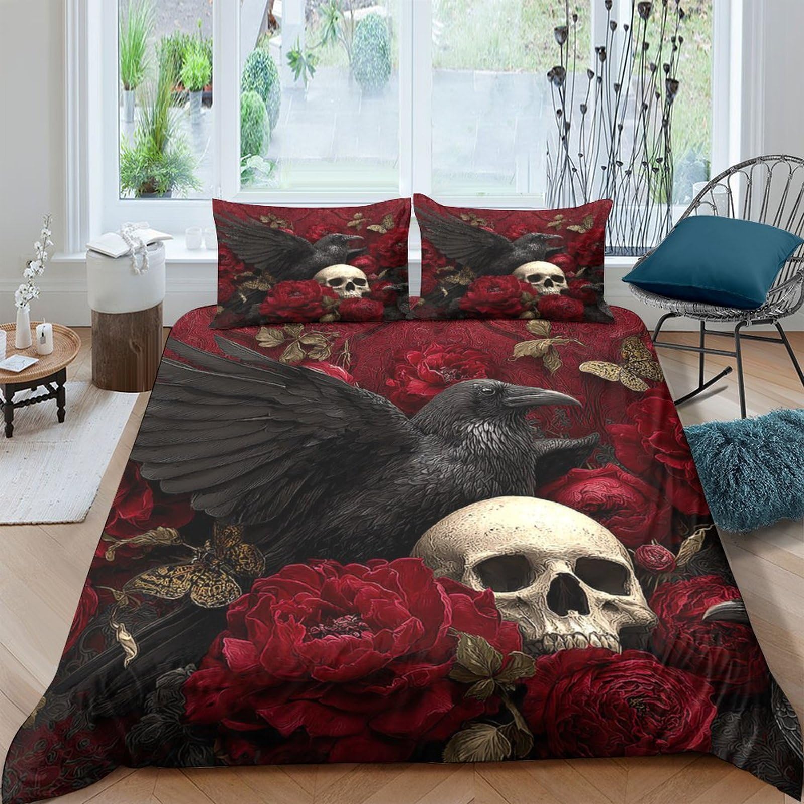 GPLZQXKJNH 3D Printed Gothic Raven Skull Duvet Cover Set Microfiber Red Rose Bedding with 2 Pillowcases for Bedroom Decor Single（135x200cm）