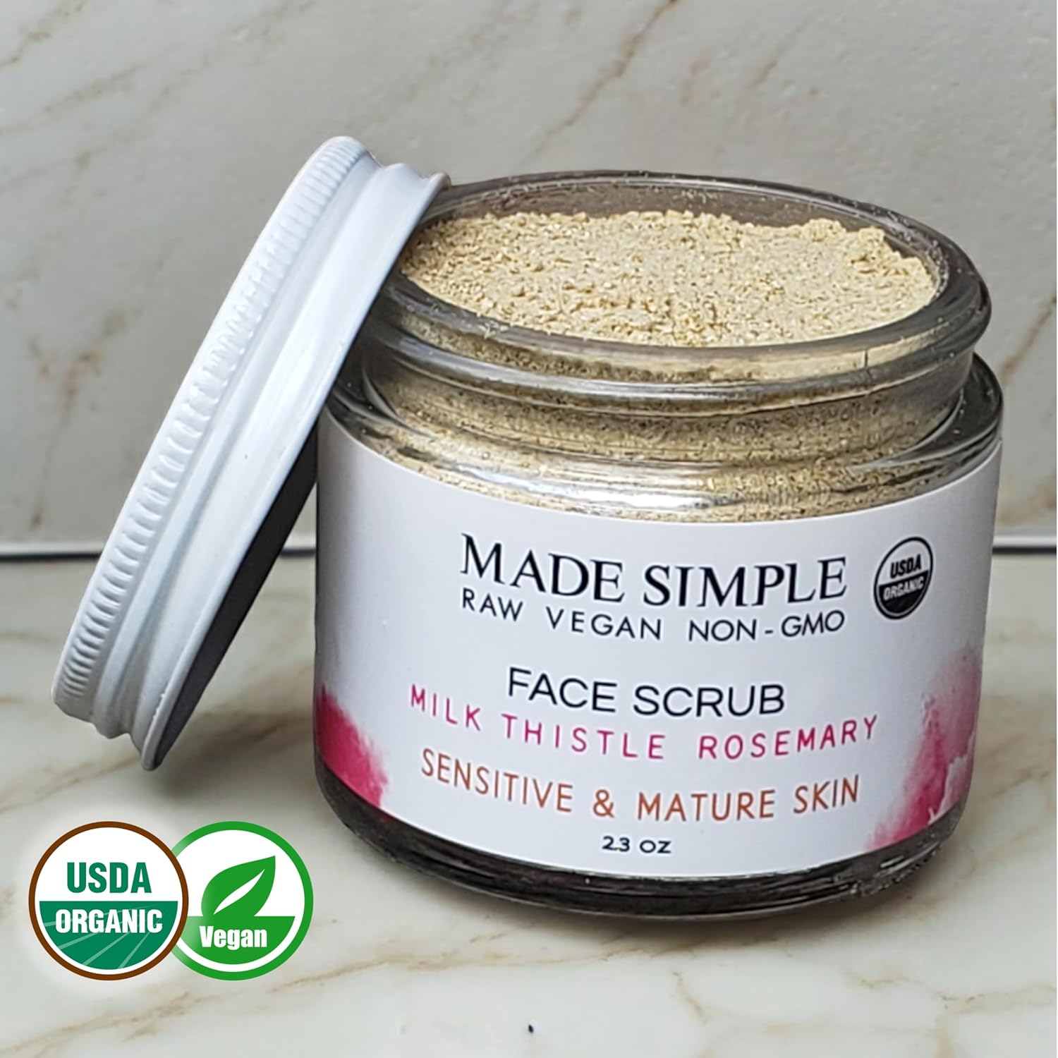Milk Thistle Rosemary Face Scrub for Sensitive/Mature Skin - Certified Organic, Vegan, & Cruelty-free