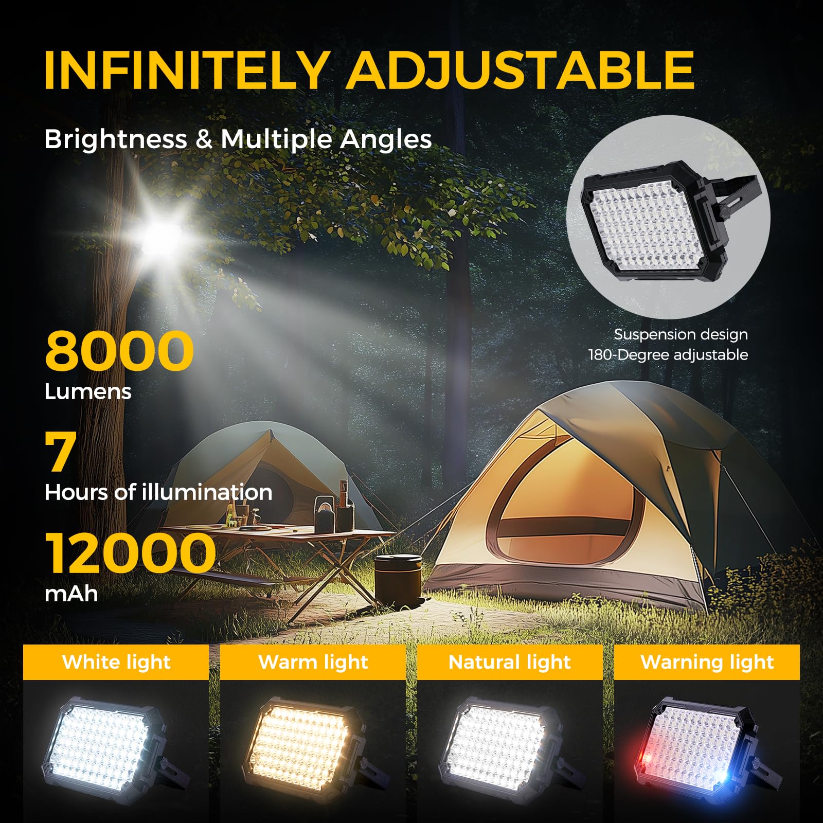 Lanterna da campeggio solare a LED, luci da campeggio portatili, ricaricabili tramite USB, 8000 lm, IP67, impermeabili, perfette per interruzioni di corrente, emergenza, uragano, escursionismo