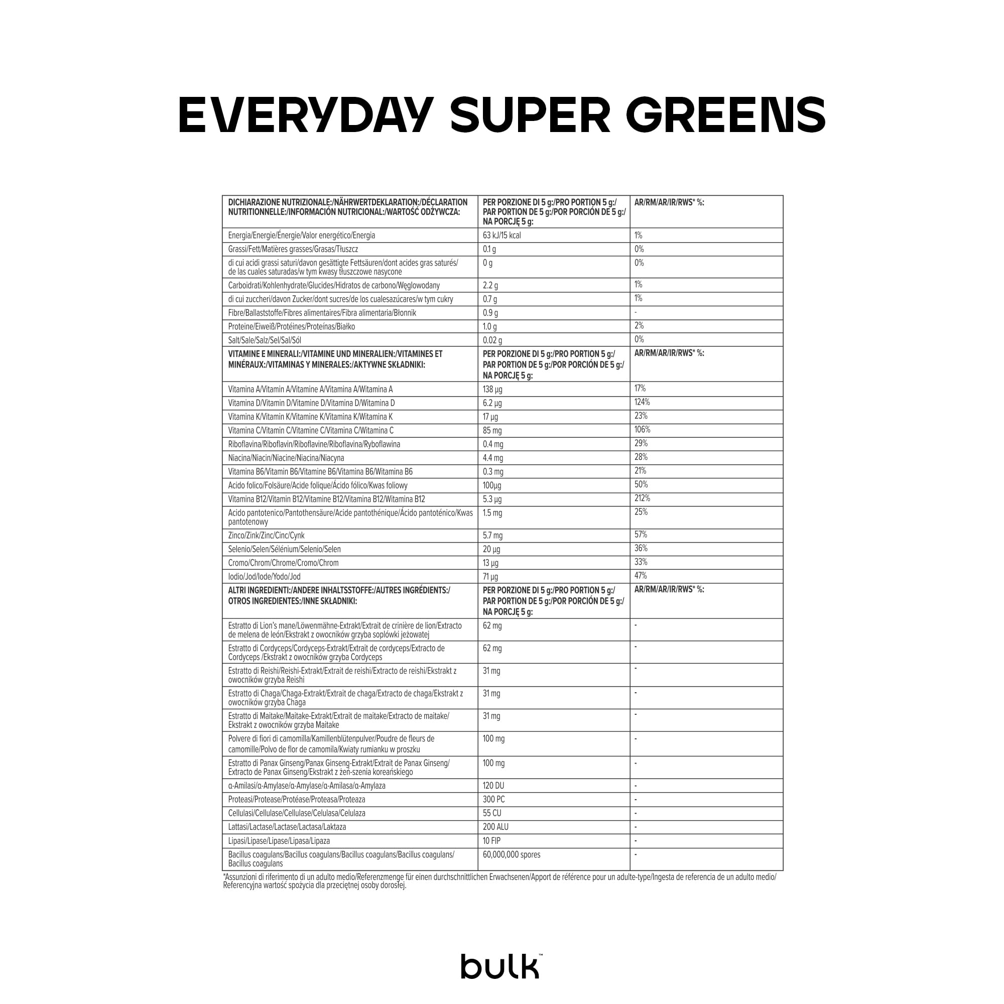 Bulk Everyday Super Greens Pulver | Original | 60 Portionen | Mit 50 Vitaminen, Mineralien & Superfoods | Reich an Vitamin C, D & B12 | Unterstützt Immunität & Wohlbefinden
