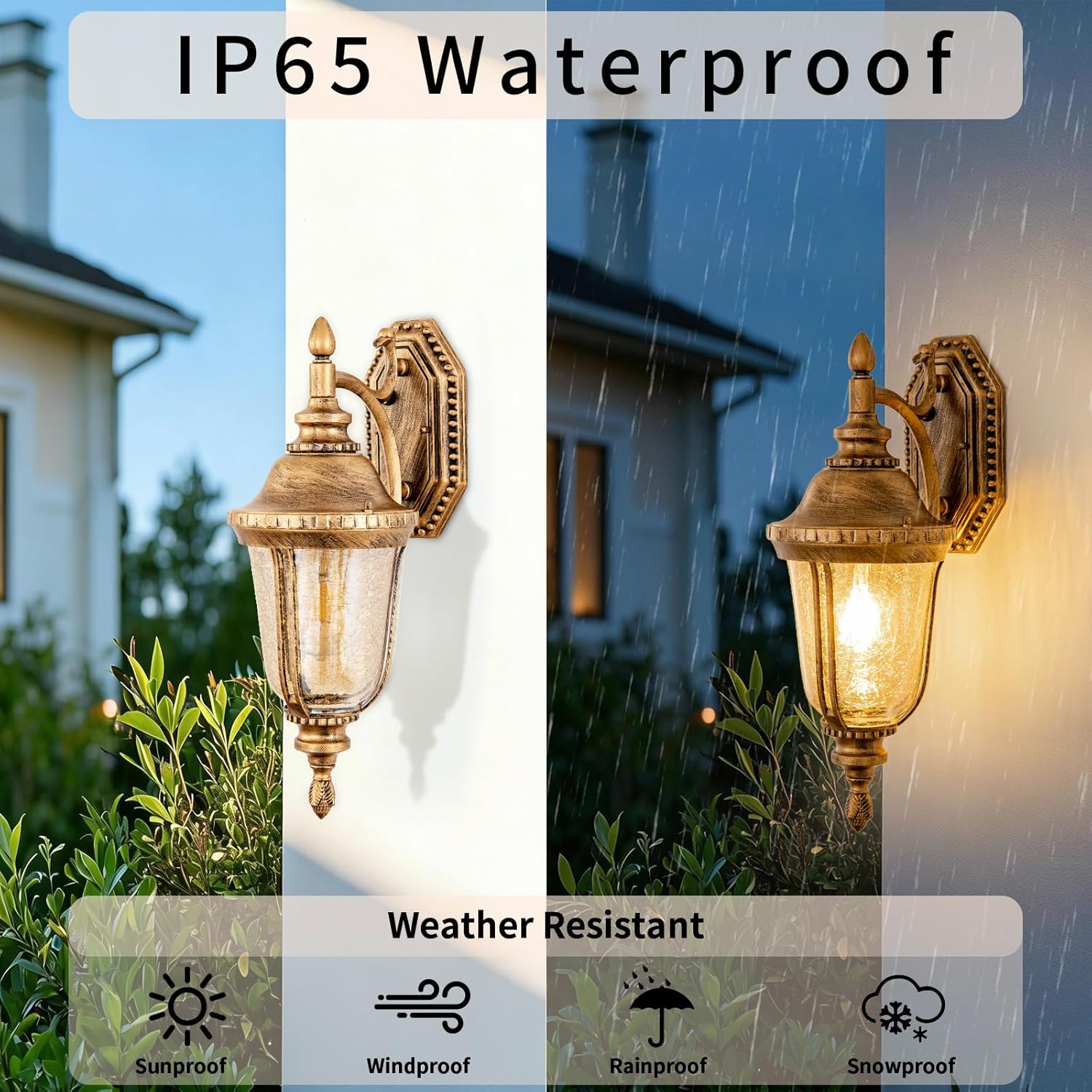 Dusk to Dawn Sensor Outdoor Light Fixtures 18.6" Gold Waterproof Wall Mount Lantern Exterior Sconce Porch Lights with Cracked Glass for Yard Front Door Garage Doorway Balcony Patio