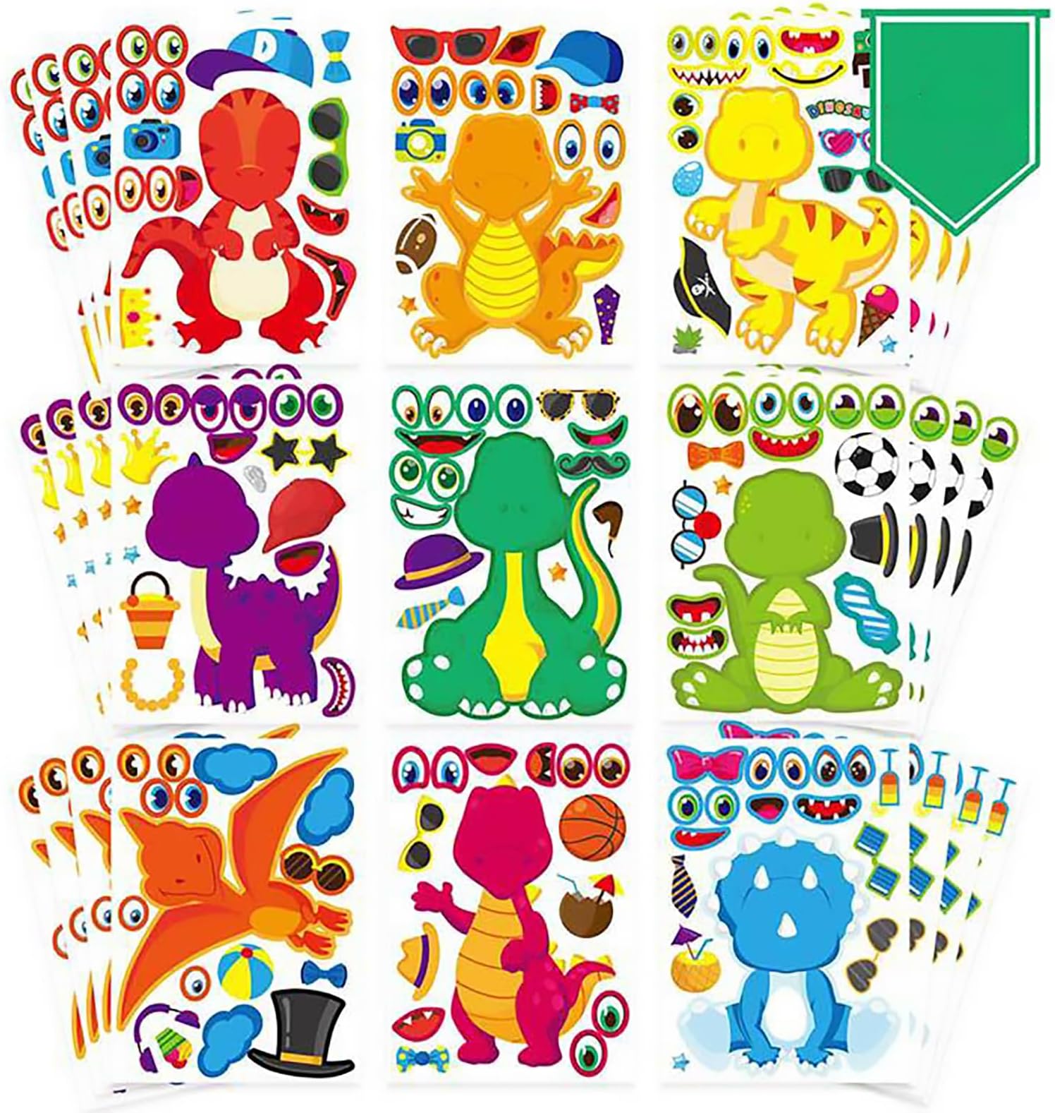 36 PCS Make-a-face Sticker Sheets Reusable Stickers Large Make Your Own Mix and Match Stickers for Kids Sticker Play Set Fantasy Kids Arts and Crafts Activity Party Favor Supplies Craft (Dinosaurs 2)