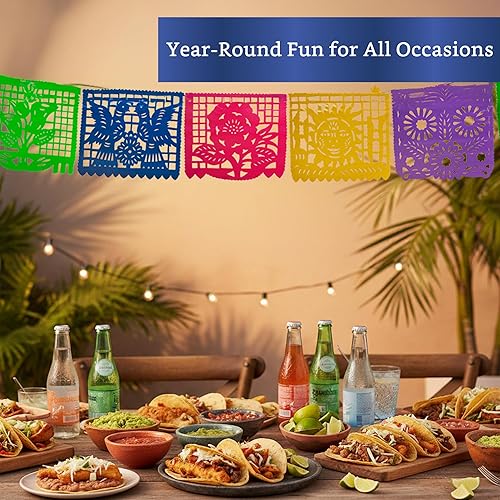 Miniatura 8 de Pancartas de fiesta mexicana (paquete de 5 con 10 banderas de plástico por bandera), papel picado mexicano para fiesta, papel picado de plástico,