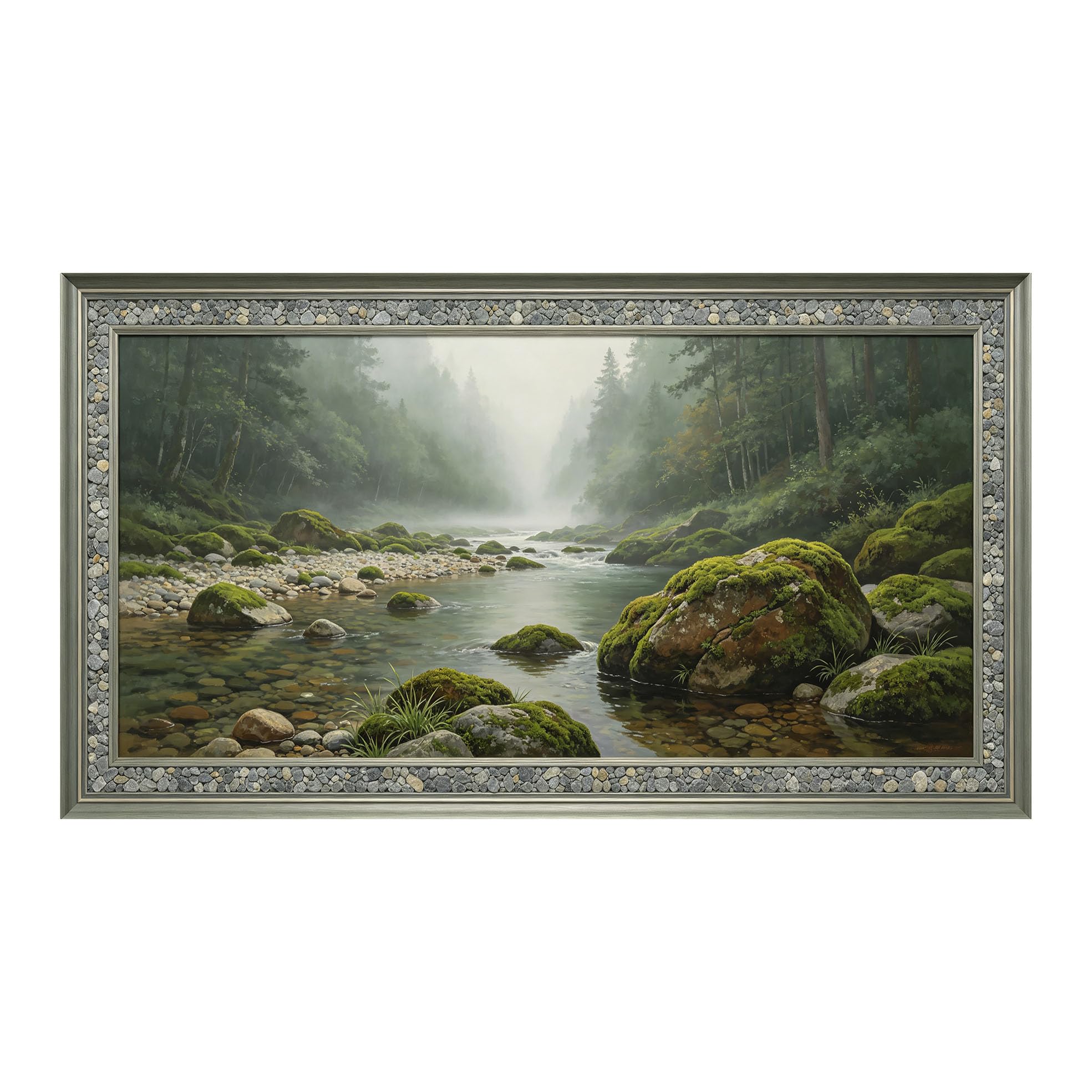 Yzpallescene 3D Framed Wall Art 50cm×100cm Misty Mountain River Waterfall Landscape Realistic Oil Painting Large Size SelfAdhesive Removable Wall Decor Prints Artwork for Living Room Bedroom Office