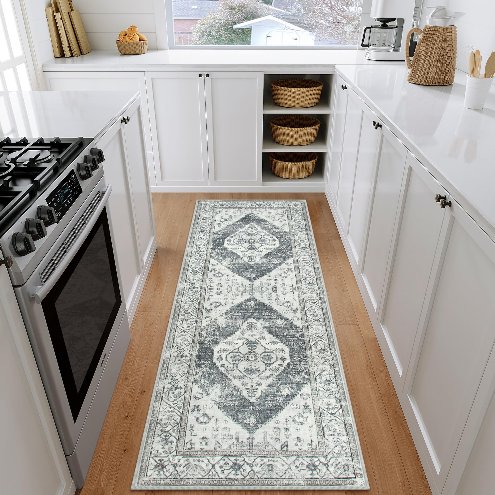Beeiva Boho Washable Runner Rug, Grey 2x5 Rug Runner Non-Slip Lightweight Rugs for Kitchen Floor with Rubber Backing, Print Distressed Kitchen Runner Rug for Bedroom Bathroom