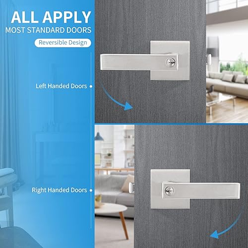 Miniatura 5 de Paquete de 5 manijas de puerta de entrada de níquel cepillado con llaves iguales palancas cuadradas con seguridad para uso en puerta