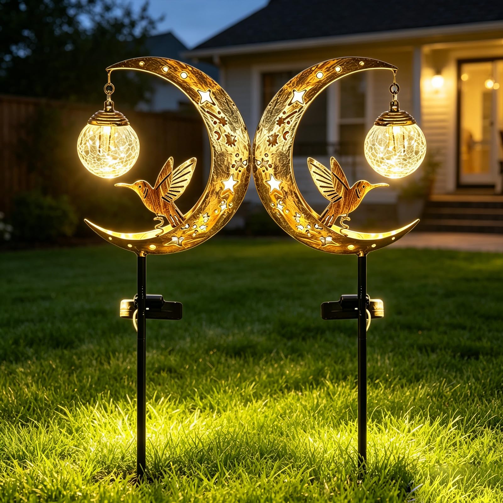 Solar Garden Lights, Half Moon Shaped Solar Hummingbird Lamp, Retro Metal Hollow Moon Lamp with Cracked Glass Ball, Warm LED Solar Lights Outdoor Garden Decorations, Gifts for Mom Grandma (2pcs)