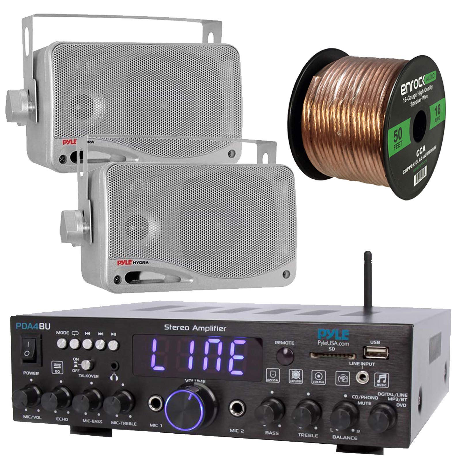 Pyle Wireless Bluetooth Stereo Amplifier-Multi-Channel 200W Amplifier Home Audio Receiver System Bundle Combo with 2x 3.5'' 3-Way Weather Proof Mini Silver Box Speakers, 16 Gauge Speaker Wire