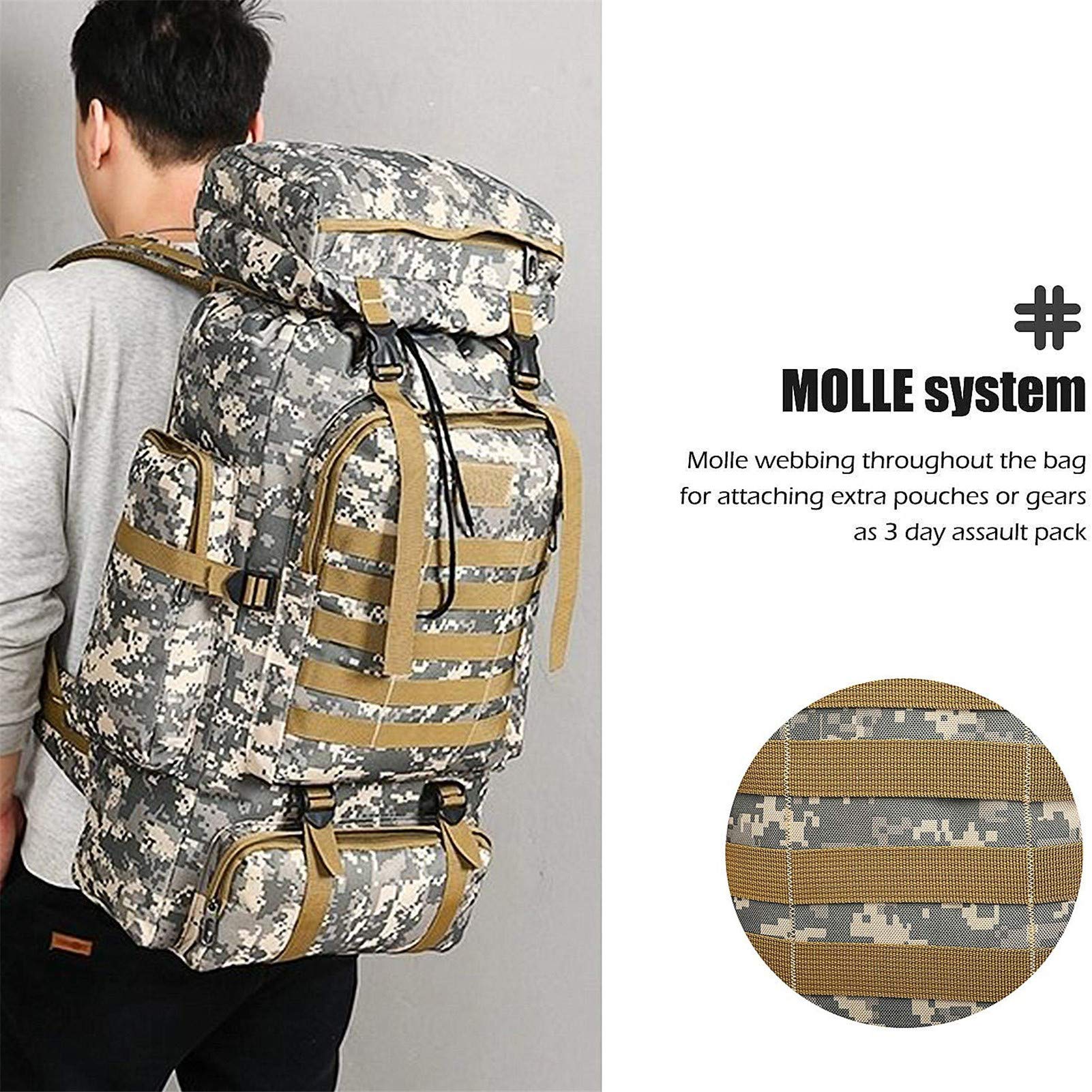 Wodoodporny plecak alpinistyczny 80 l, wielofunkcyjny plecak taktyczny do wspinaczki, wędrówek, biwakowania, Molle Design do sportów na świeżym powietrzu, Miejski kamuflaż