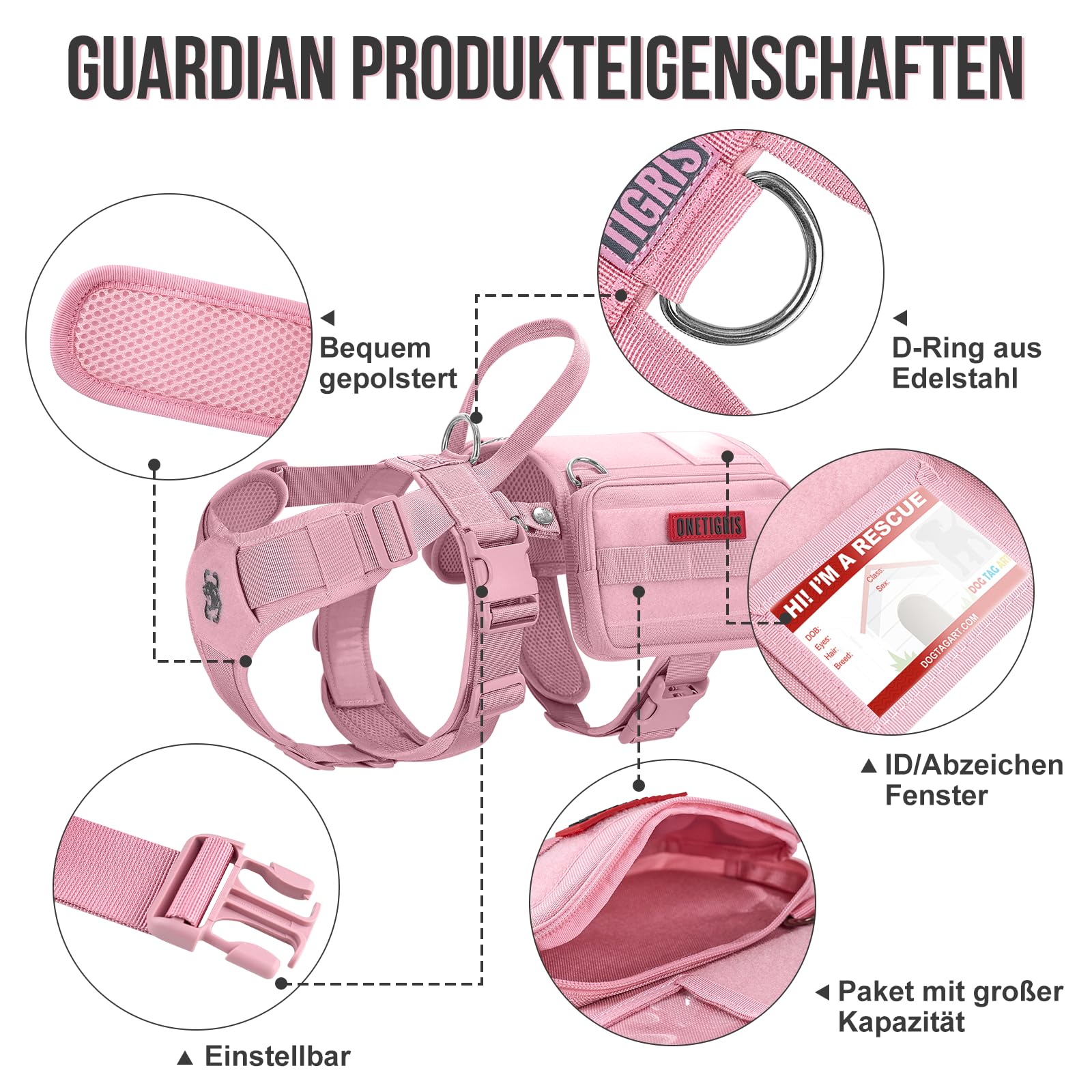 OneTigris Uprząż dla psa Guardian z 3 pierścieniami D ze stali nierdzewnej i kieszenią o dużej pojemności, uprząż bezpieczeństwa dla średnich i dużych psów, różowa, rozmiar M