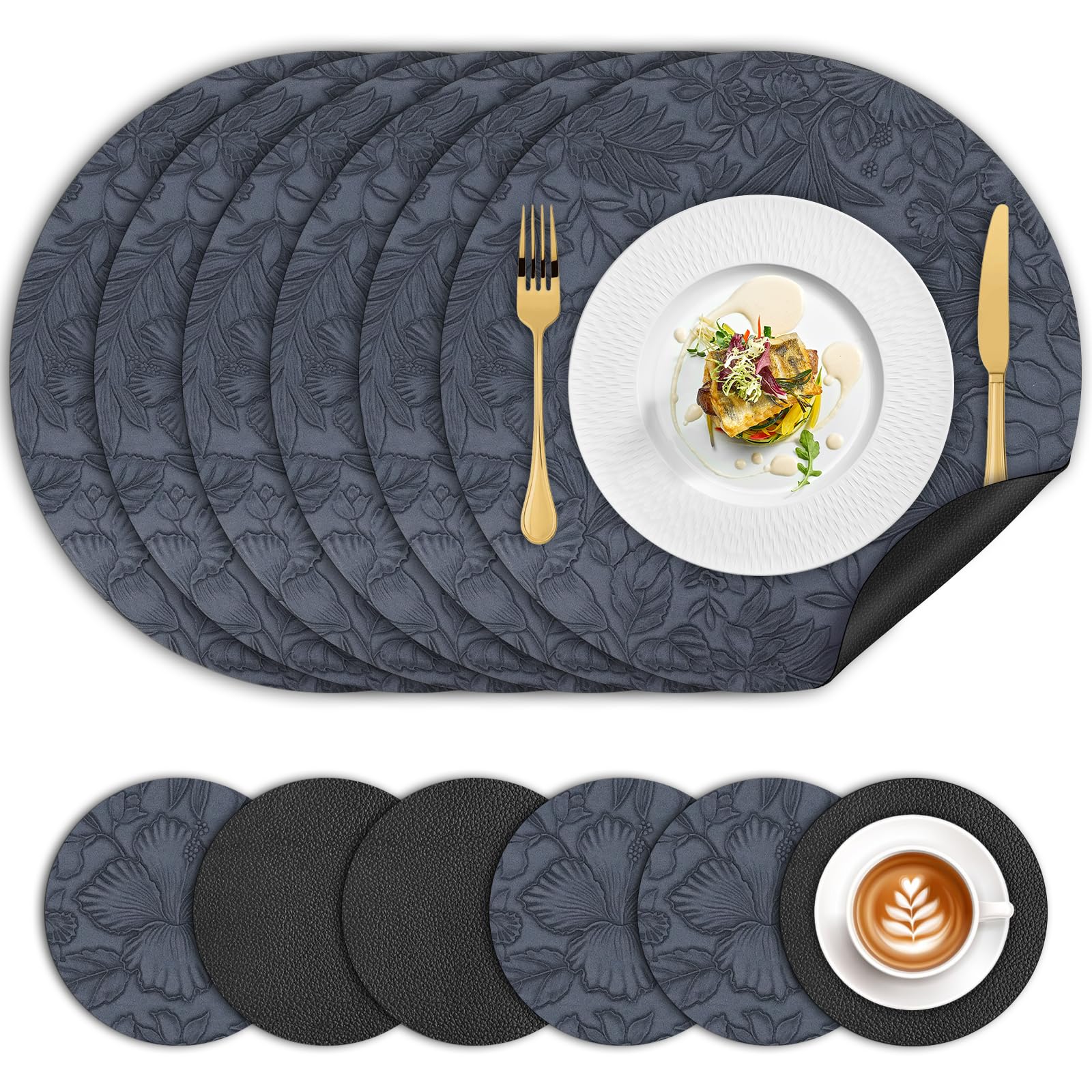 Table Mats Set of 6, Round Leather Floral Placemats and Coasters Heat-Resistant Waterproof Non Slip
