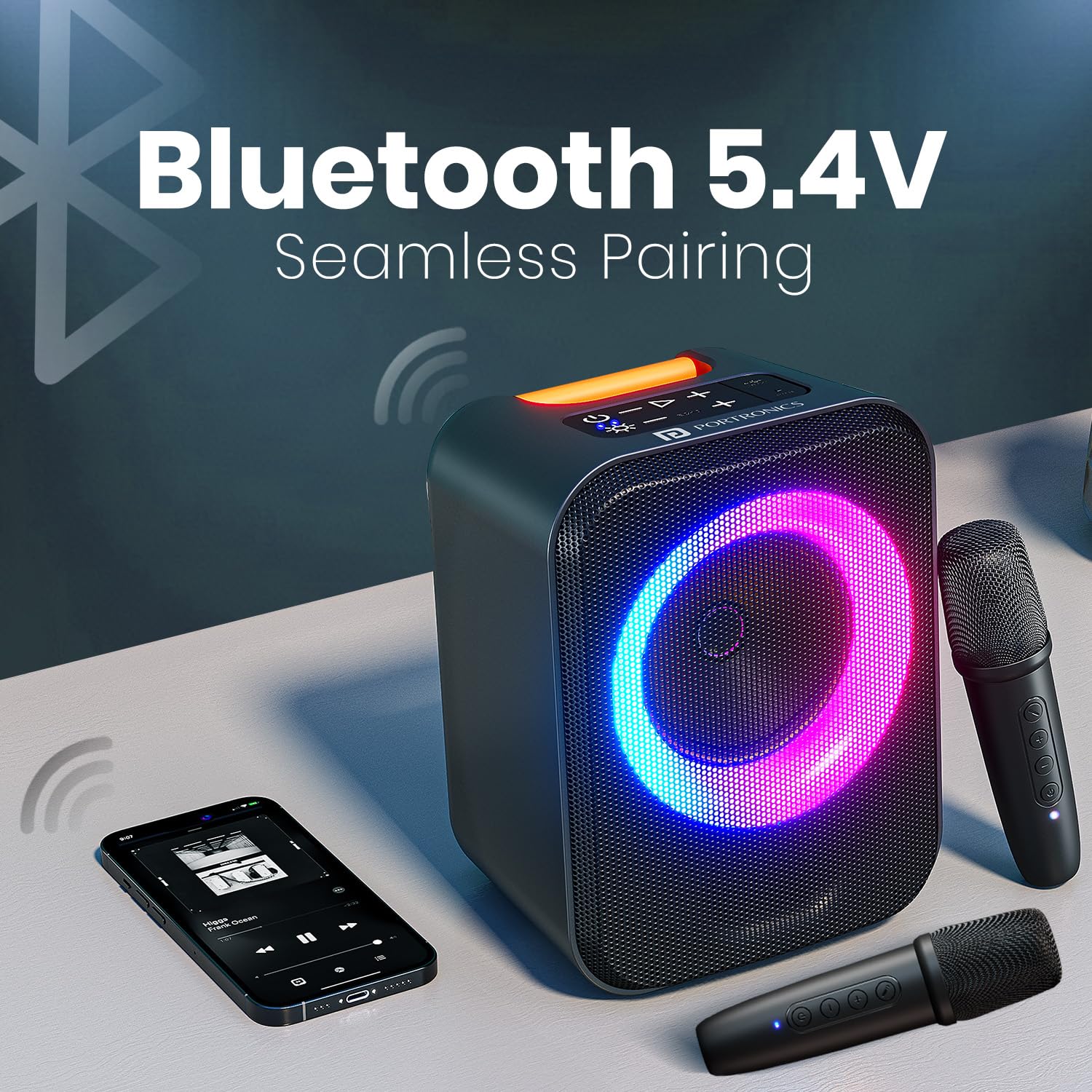 Portronics 30W Dash Wireless Bluetooth Portable Speaker with Dual Wireless Karaoke Mic, Echo Control, 5 Hour Playtime, RGB LED Light, Bluetooth V5.4, Easy Grab Handle, USB in, Type C Charging(Black) — Amazon image 3