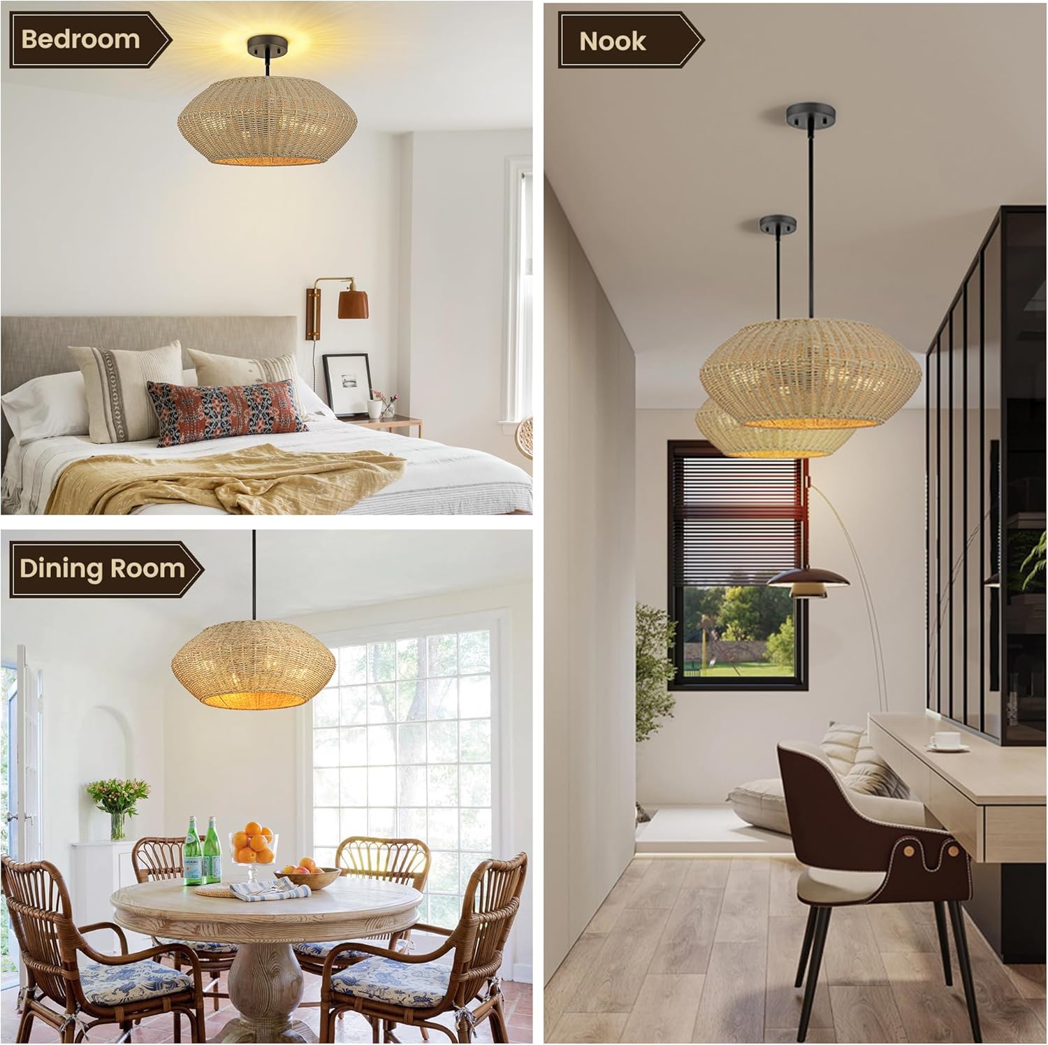 4-Light Rattan Chandelier for Dining Room, 20" Handwoven Seagrass Pendant Light, Brown Wicker Adjustable Hanging Rattan Light Fixture for Kitchen Island, Living Room, Bedroom, Entryway