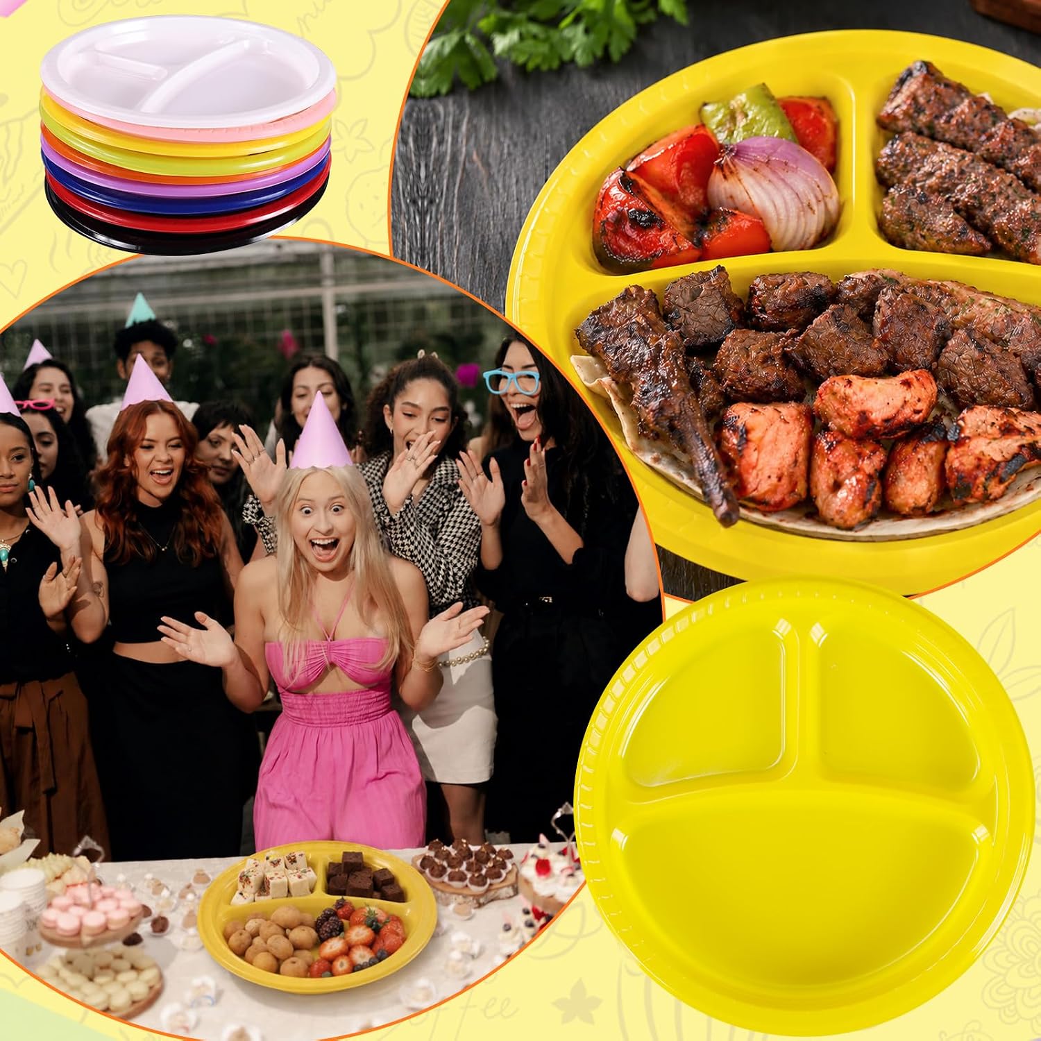 24 Pack Plastic 3 Compartment Divided Plates - 9.8 Inch Sectioned Dinnerware Heavy Disposable Plates Duty Round Dinner Plates for Camping, BBQ, Wedding, Birthday Party Dinnerware (Yellow) image 5