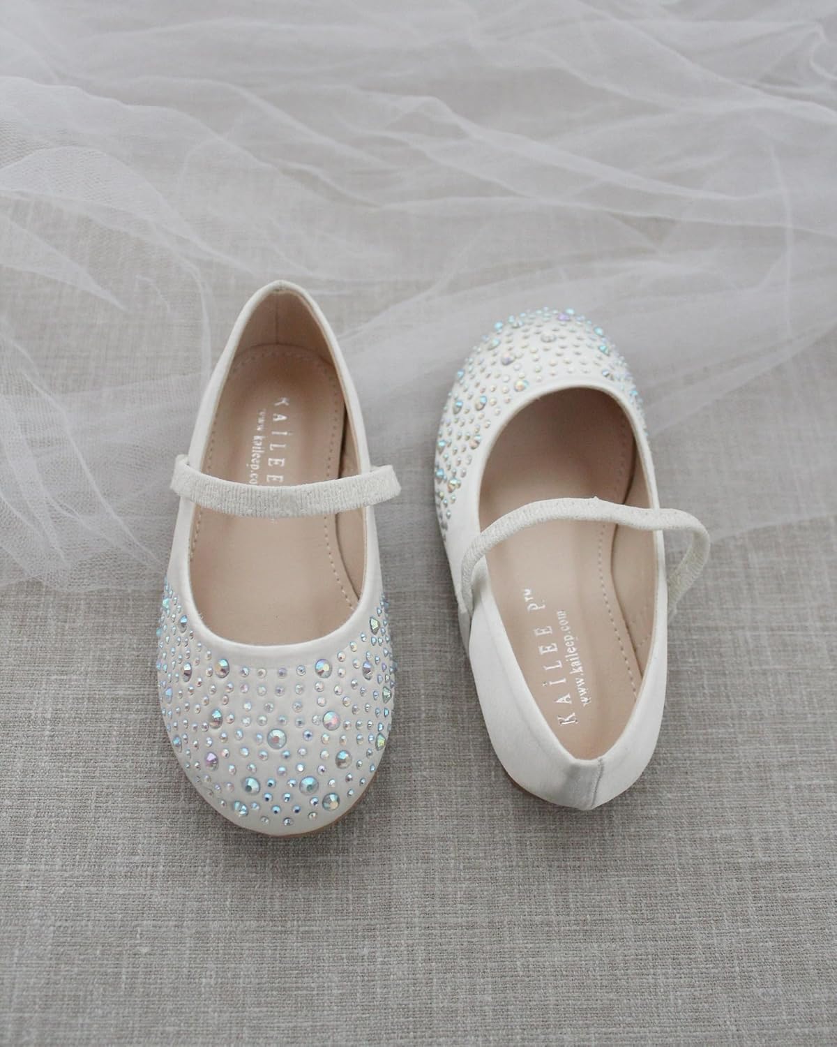 KAILEE P Girls Satin Mary Jane Flats with Rhinestones Embellishment, Flower Girls Shoes