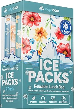 Slim Ice Packs for Lunch Boxes and Coolers, 4 Pack Reusable Gel Freezer Packs with Cute Floral Designs, BPA-Free Food Safe Non-Toxic Cold Packs, Long Lasting Ice Packs for Kids, 4.5 x 6 In