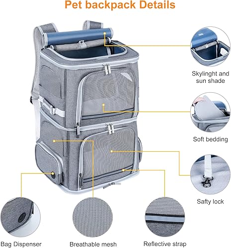 Miniatura 5 de Transportador doble para gatos 2 gatos, mochila para perros medianos, mochila transportadora de mascotas de doble compartimento para mascotas