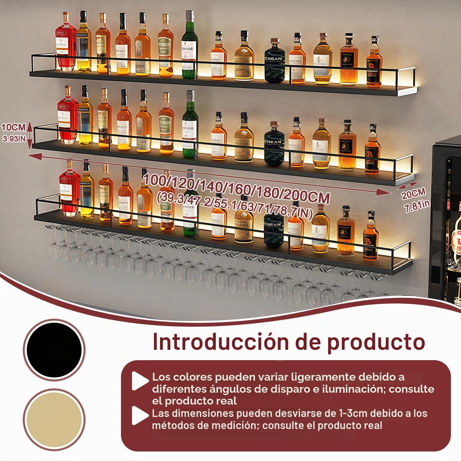 160CM Botellero de Pared Industrial Luz LED, 3 Niveles Moderno Botellero de Metal con portavasos de, Multifuncional Estante para Vino Apto para Cocina, Bar, Cafetería y decoración (Negro)