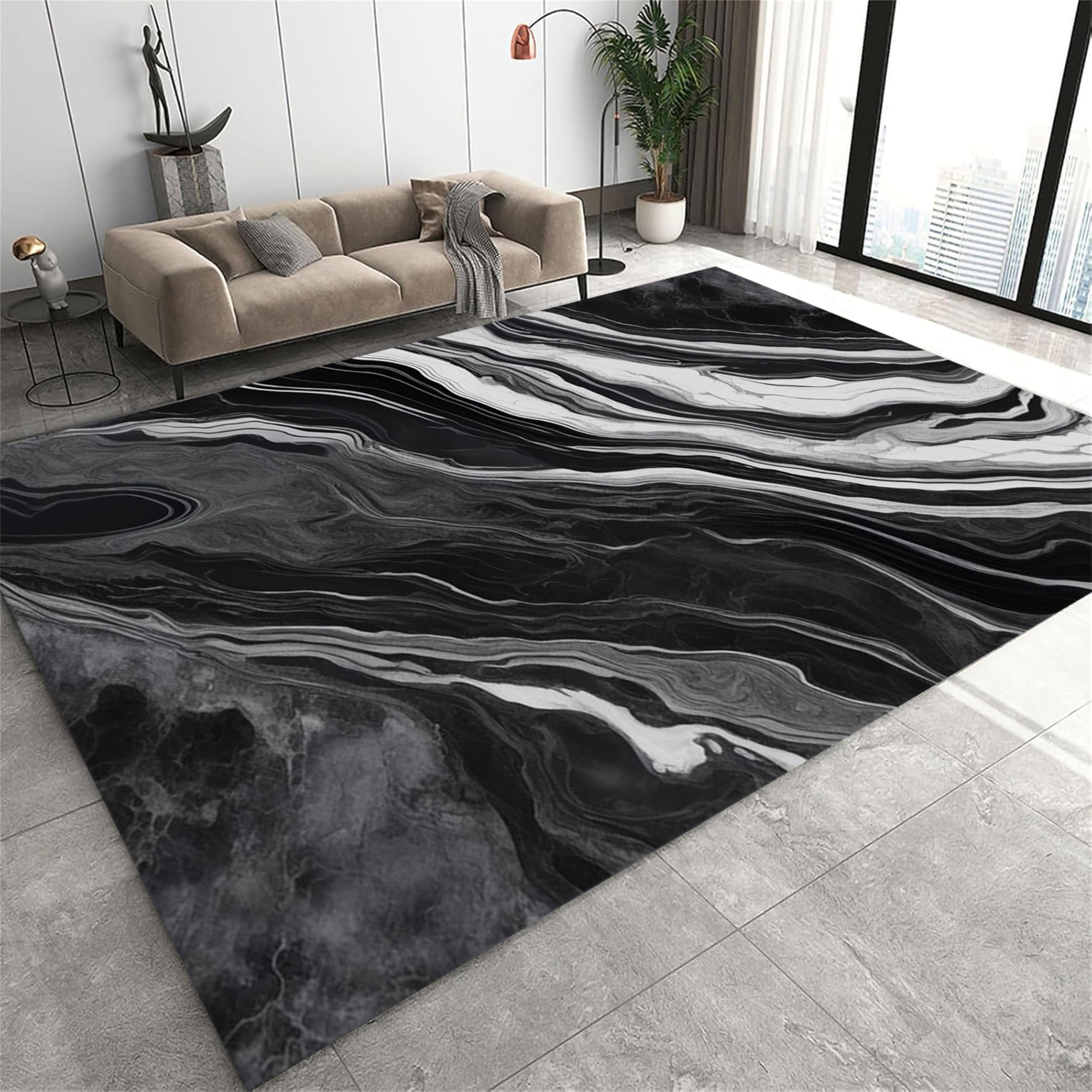 YJDRUG Modern Luxury Area Rug, 80x150cm Black White Grey Marble Effect Pattern, Non-Slip, Machine Washable, Soft Low Pile Carpet for Living Room Bedroom Study, Suitable for Home Decor