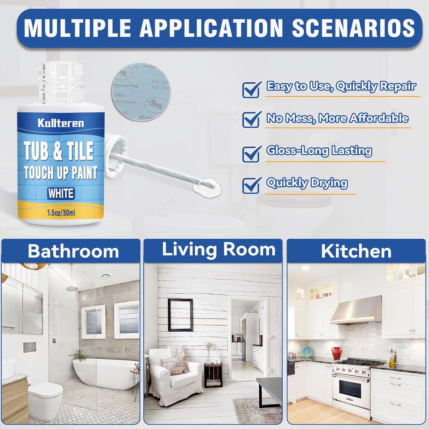 Tub and Tile Paint, White Touch Up Pen for Countertop, Bathtub, Porcelain Paint for Any Scratches Spots on Tiles, Sinks, Enamel, Toilets, 1.5 Fl Oz - Image 6