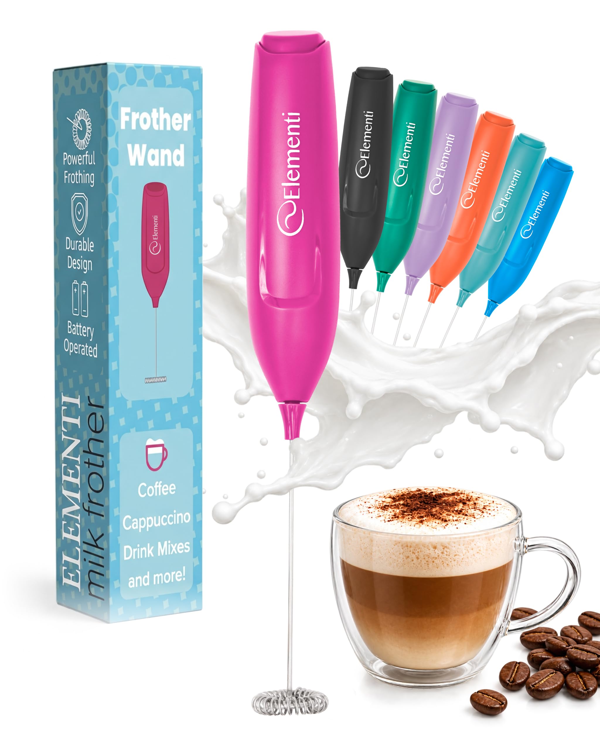 Elementi Pink Milk Frother Wand &amp; Matcha Mixer, Mini Electric Whisk - Coffee Mixer Wand - Coffee Stirrers Electric Matcha Whisk (Hot Pink)
