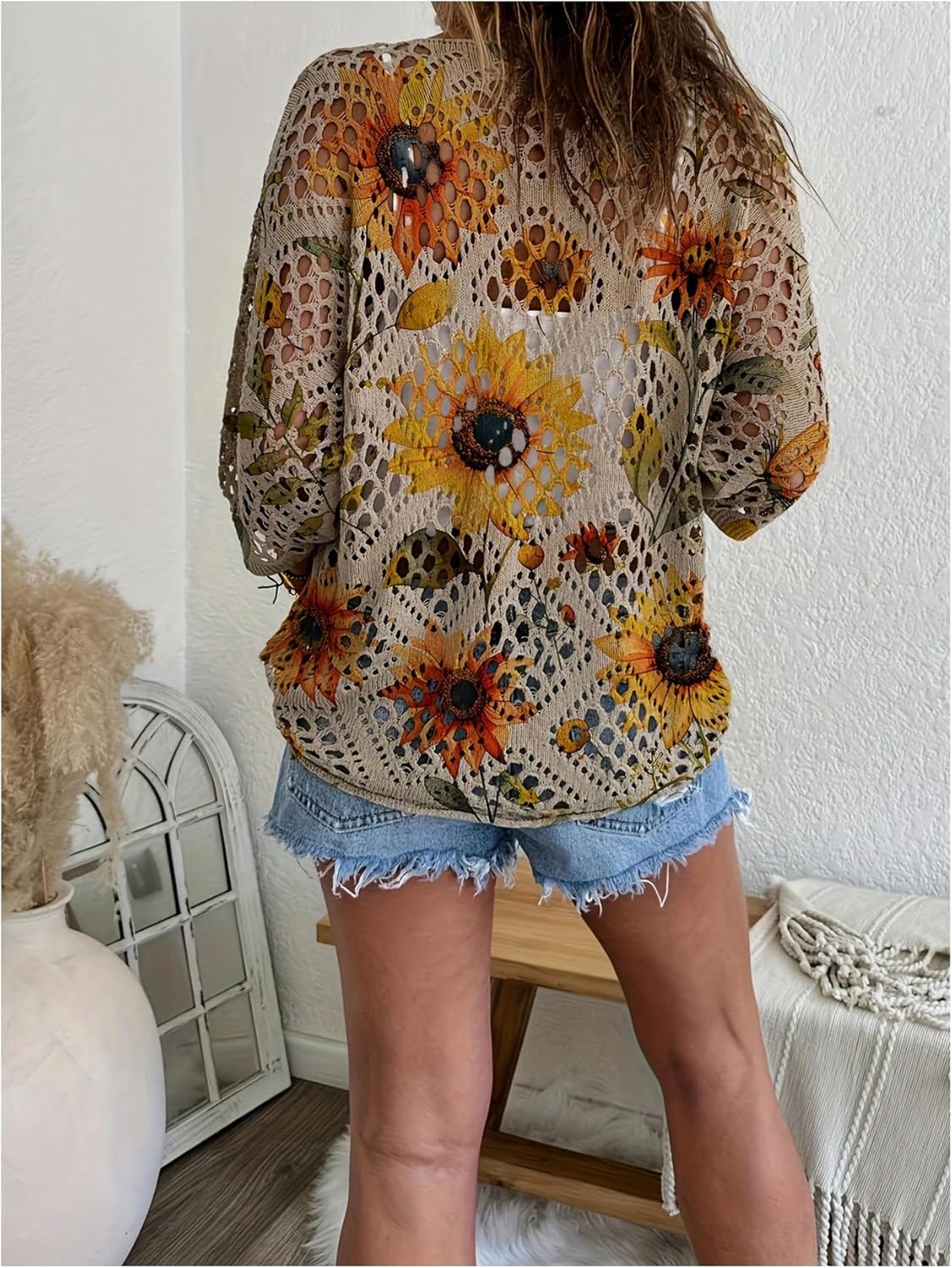 GORGLITTER Women's Floral Crochet Lightweight Sweater Boho V Neck 3/4 Short Sleeve Hollow Out Knitwear Tops - Image 2