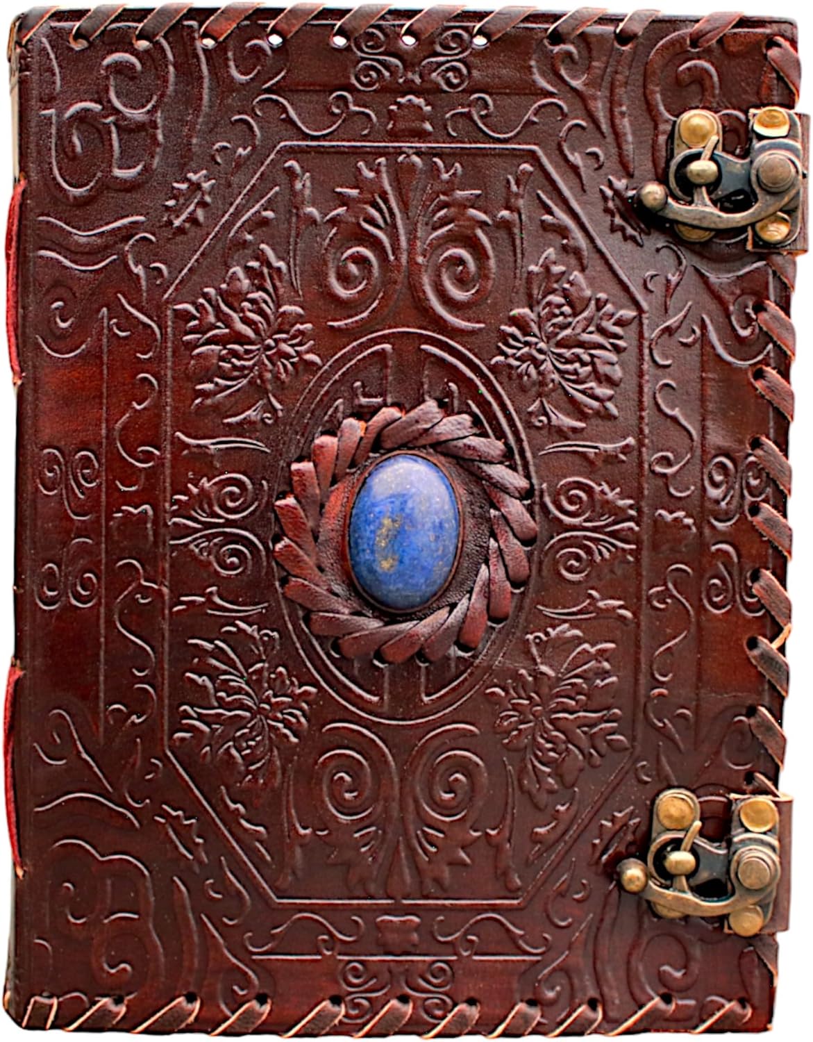 8" Leather Journal with clasp stone Writing Pad Blank Notebook Handmade Notepad For Men & Women Unlined Paper Best Present Art Sketchbook Travel Diary To Write Book Of Shadows Refillable Grimoire