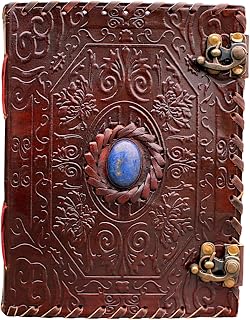8" Leather Journal with clasp stone Writing Pad Blank Notebook Handmade Notepad For Men & Women Unlined Paper Best Present Art Sketchbook Travel Diary To Write Book Of Shadows Refillable Grimoire