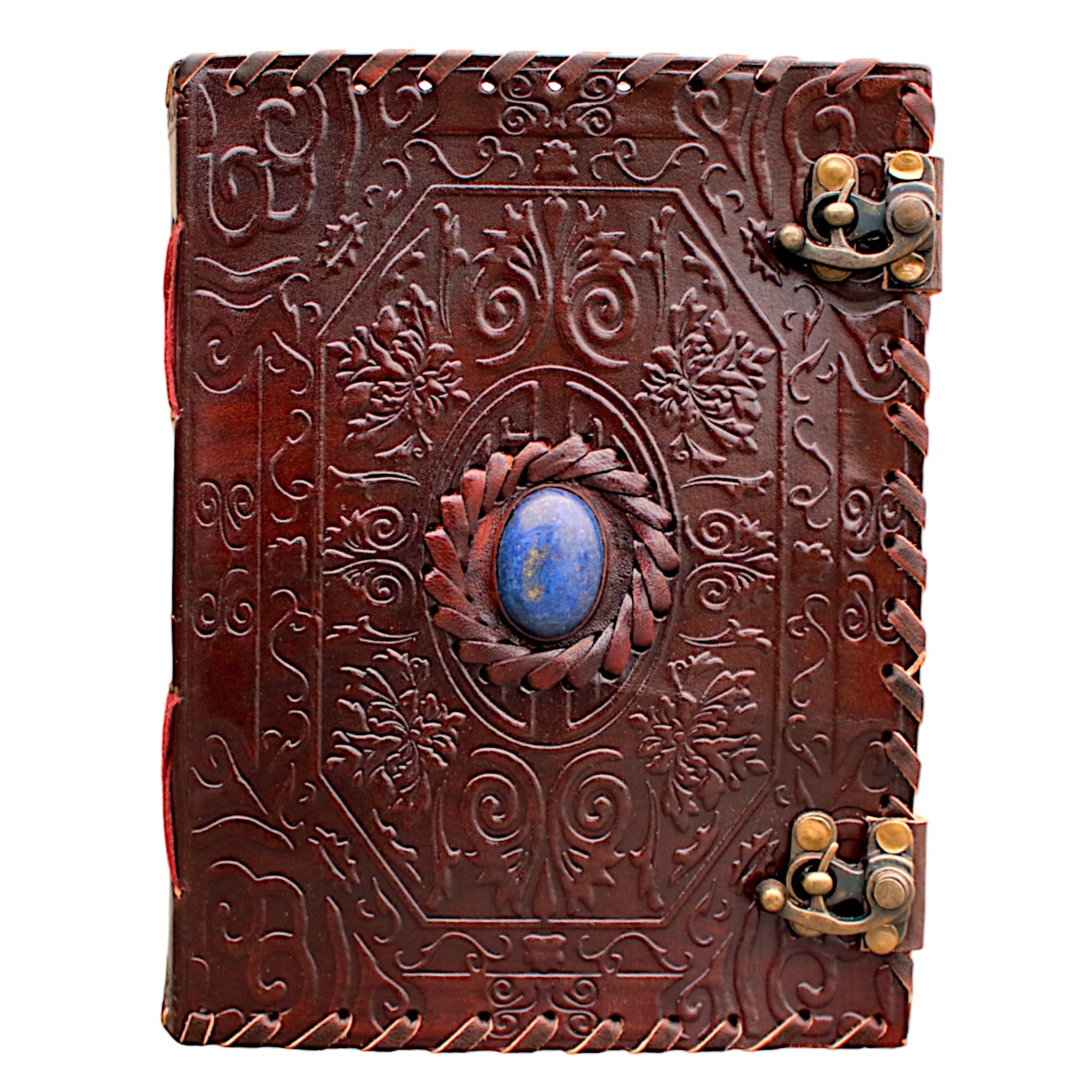 Jaald A5 Note Notebook Taccuino Foglie Diario Agenda Quaderno Album Fatto a Mano Copertina in Pelle Grimorio Diario note Bianco Chiusura fermaglio Personale Viaggio Regalo Vintage blu pietra