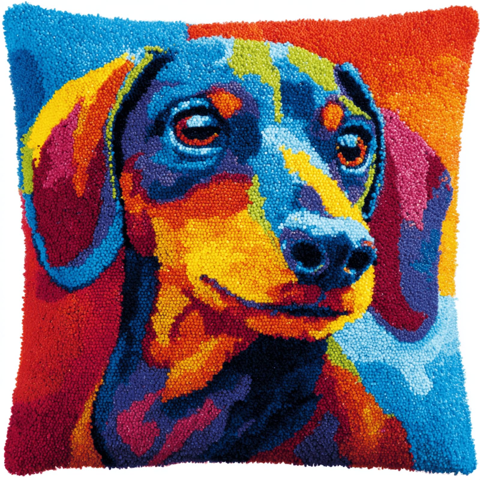 kitphoenix DIY Cushion Making Kit,Latch Hook Cushion Kit 43x43 cm with Colour Printed Canvas,Pre-Cut Yarn,Crochet Hook and Step-by-Step Instructions for Beginners and Adults,Dachshund