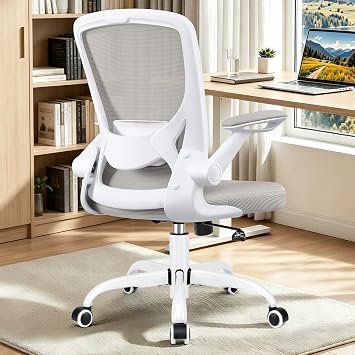 BESTFAIR Ergonomic Office Chair, Mesh Computer Chairs with Lumbar Support | Swivel Desk Chair with Flip-up Arms and Adjustable Height, Light Gray