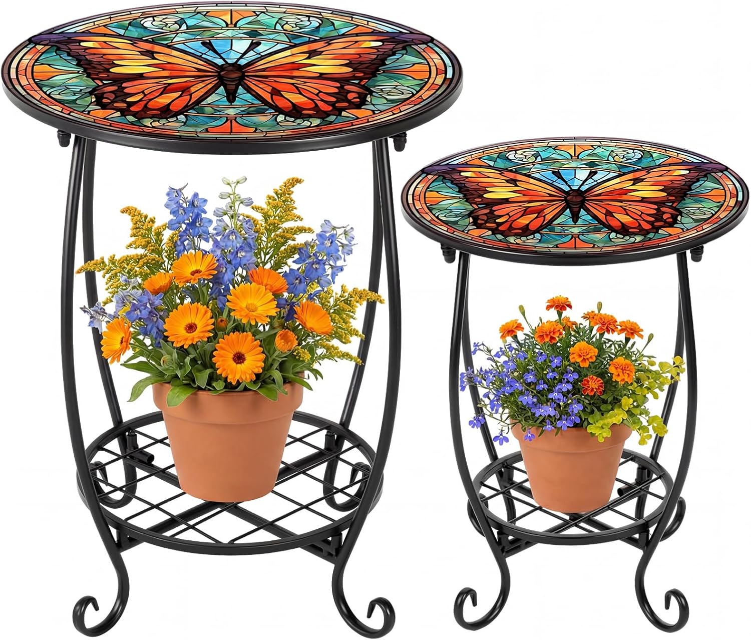Cinnvoice 2 Pcs Outdoor Side Table Small Patio Round Mosaic Accent End Table Indoor Plant Metal Coffee Tea Tables for Patio Yard Porch Garden Living Room(12" and 16",Butterfly B Style)