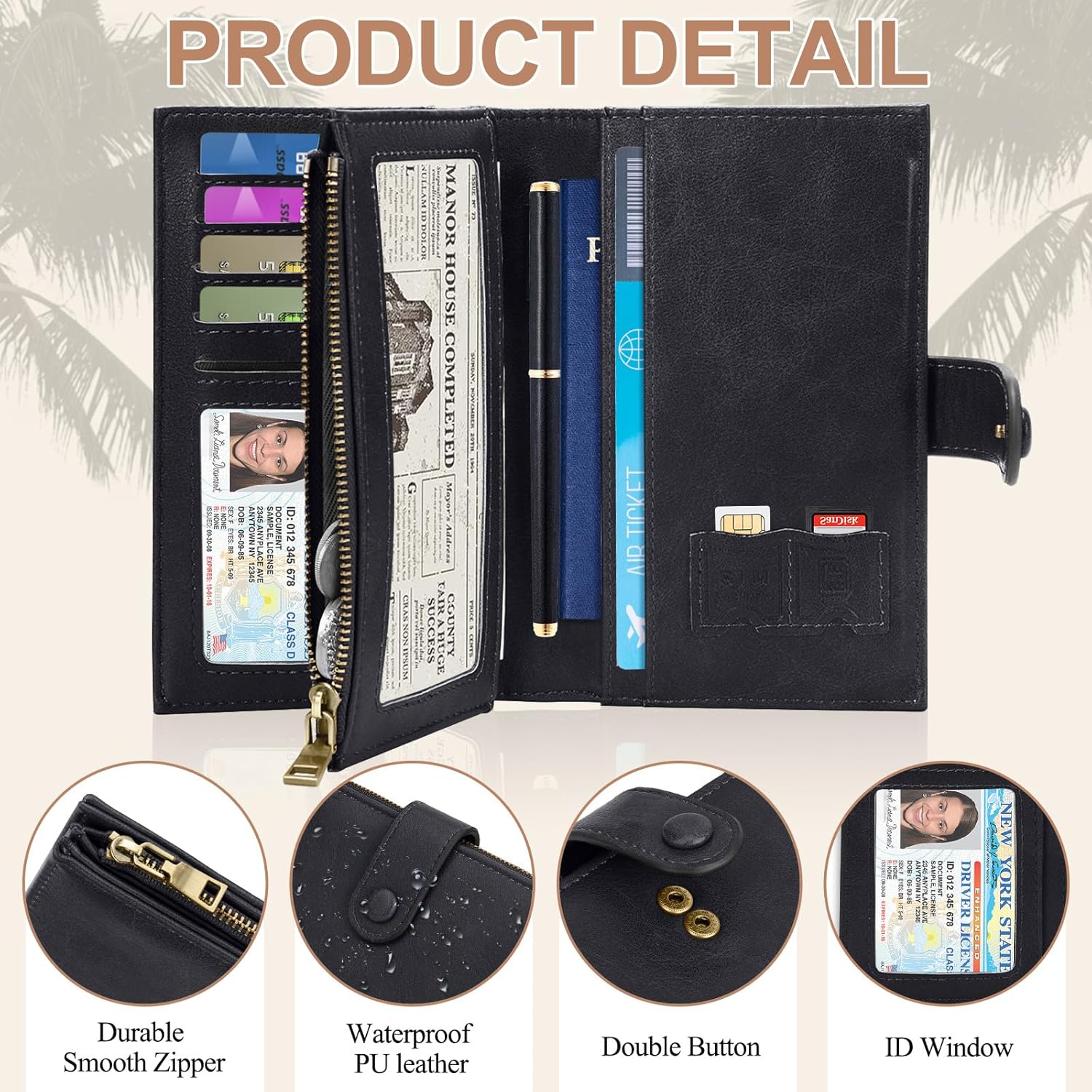 BKNOOU Passport Holder for Travel, RFID Blocking Passport Wallet Travel Wallet for Women Men, Leather Passport Cover with Zippered Coins Pocket, Trifold Clutch Wallet for Airport Essentials/Daily thumbnail