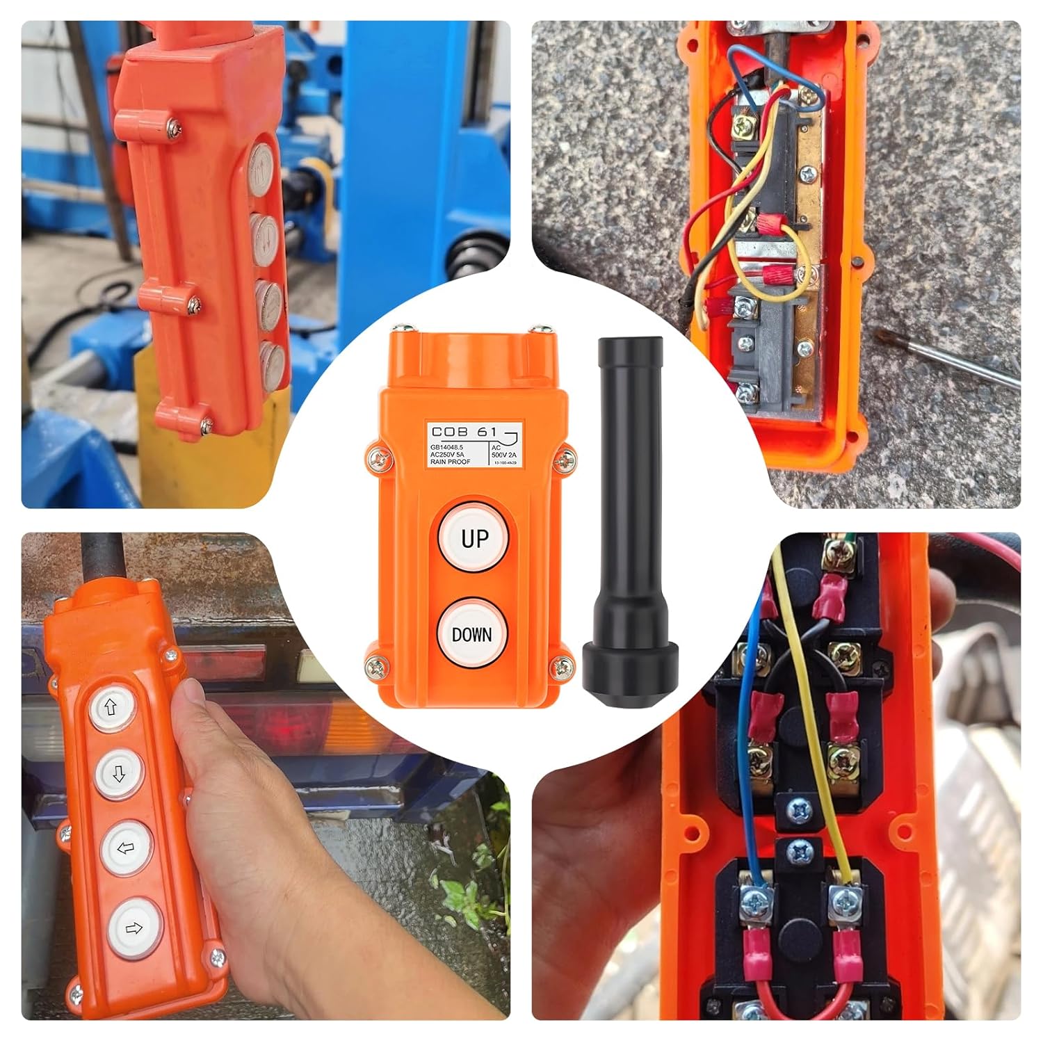 5Pcs COB61-Up-Down Crane Push Button Switch, Orange Crane Pendant Control Station Push Button Switch with Rubber Cable Barrel