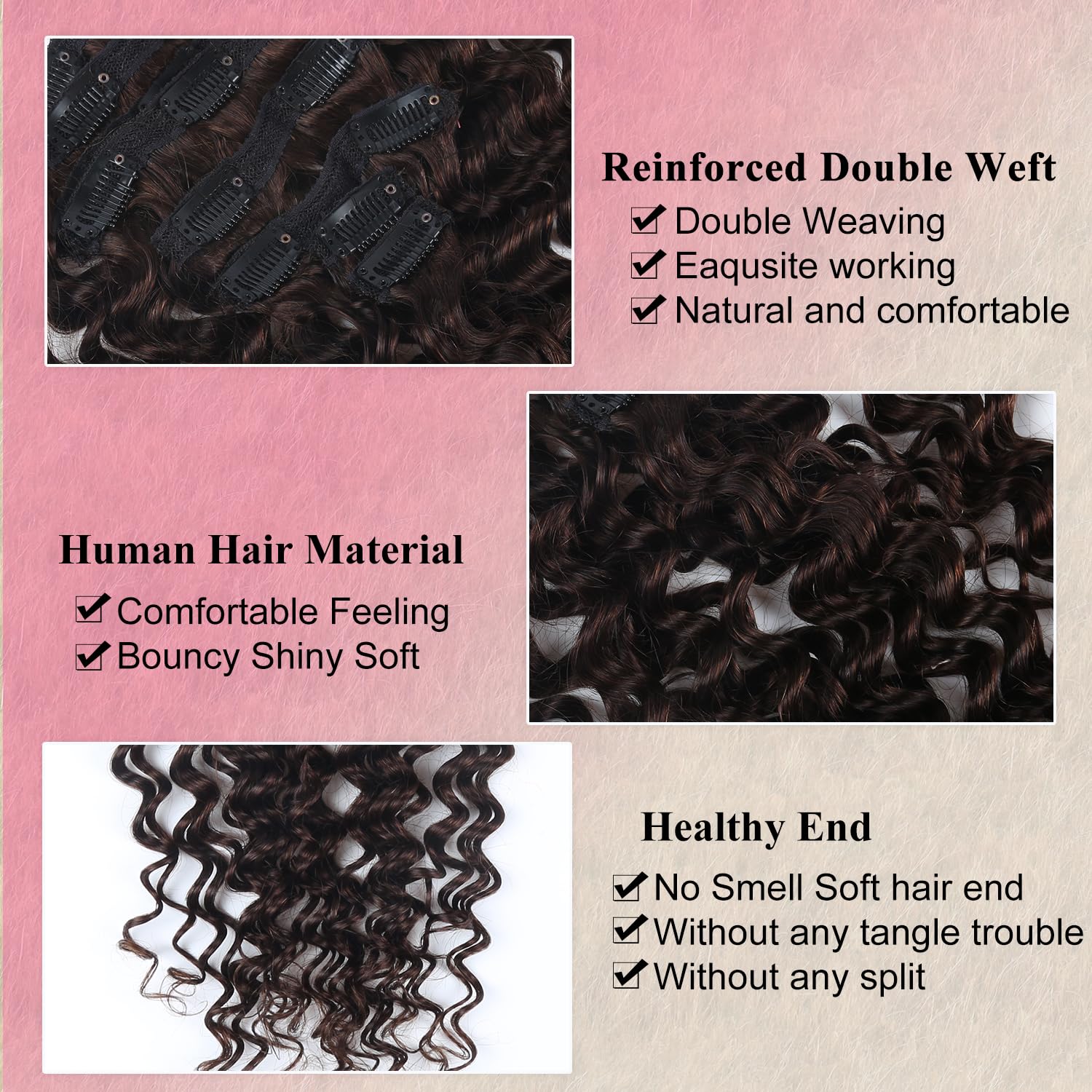 Dark Brown Clip in Hair Extensions Real Human Hair, 14 Inch 100g 8pcs #2 Brown Human Extensions - Image 3