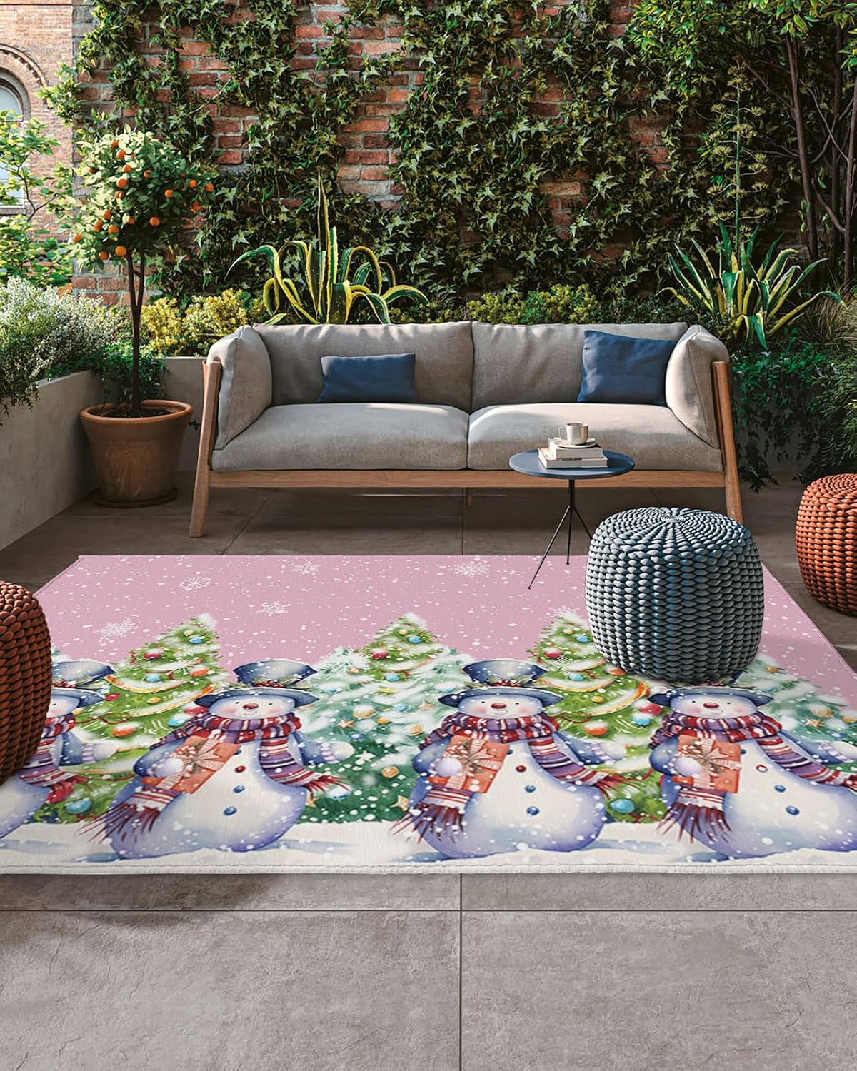 Outdoor Rug, Christmas Tree Snowman Snowflake Scarf Winter Background Absorbant Non-Slip Area Rugs Mat Carpet for Patio Balcony Porch Backyard Deck Rv Camping 6x9 ft