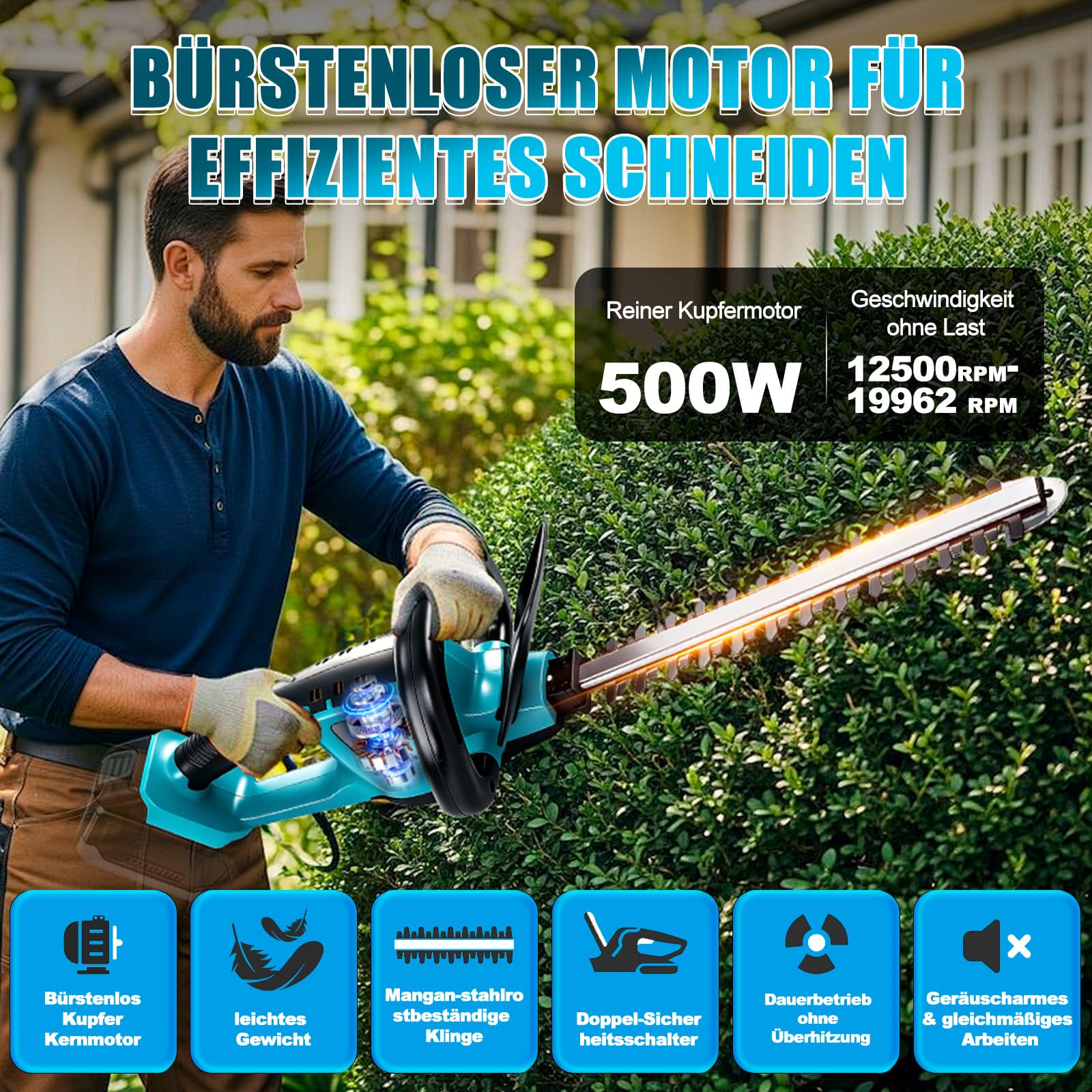 Akumulatorowe nożyce do żywopłotu kompatybilne z Makita 18 V, 550 W, bezszczotkowe elektryczne nożyce do żywopłotu, długość cięcia 52 cm, odstęp między zębami 16 mm, podwójne ostrza tnące (bez