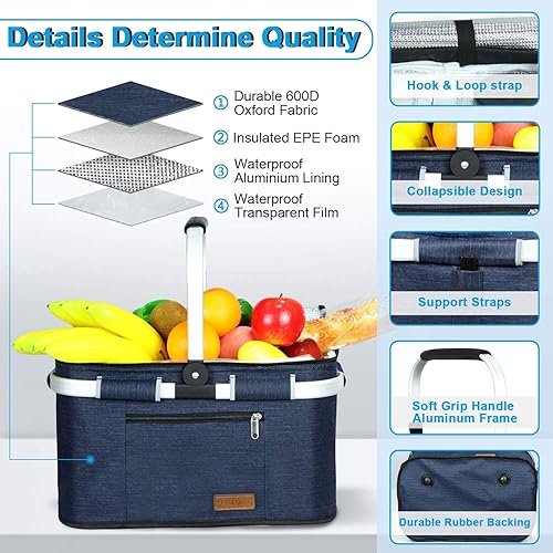 Miniatura 3 de LIQING - Cesta de picnic grande de 35 L, bolsas de compras para viajes, camping, 2 capas de bolsillos internos a prueba de fugas y aislamiento