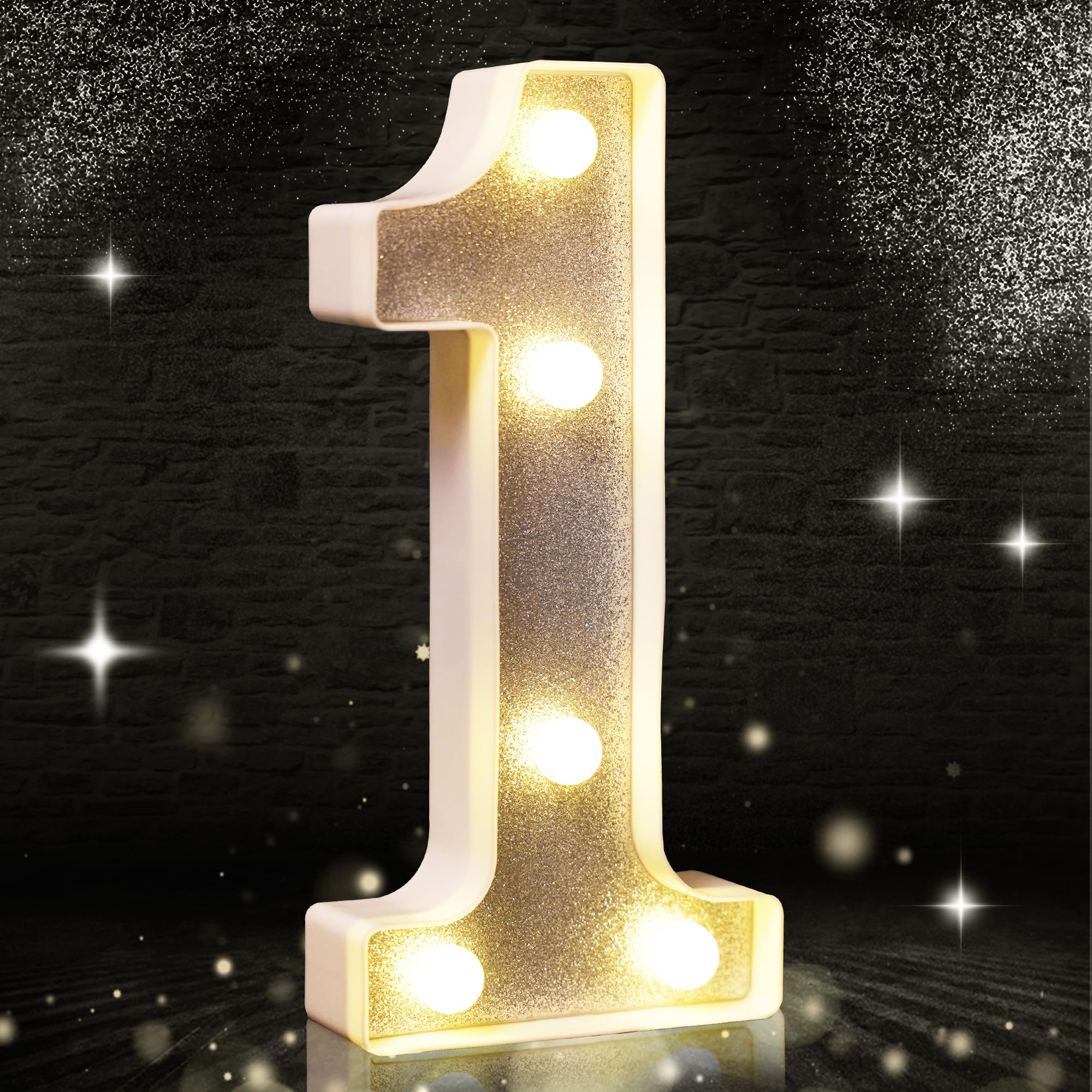 LED-Licht Nummer 1 mit silbernem Glitzer, glänzende Zahlenlichter für Geburtstagsparty-Dekoration, Babyparty, Hochzeitshintergrund, Heimdekoration 8,5 Zoll, silberne Nummer 1