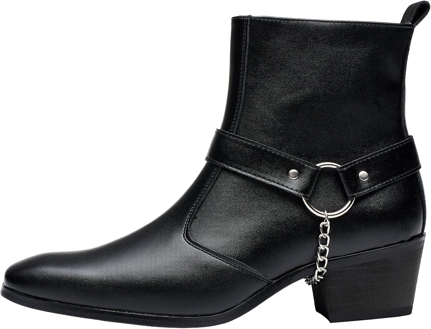 Men's Harness Boot, Ankle Black Boots | Western Style, Biker Boot, Chunky Heel with Strap & Chain, Side Zipper, Casual Night-out Outfit