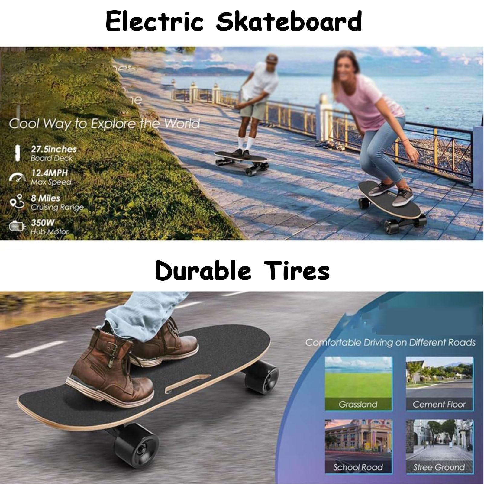 Planche à roulettes électrique Longboard avec une vitesse maximale de 22 km/h, moteurs de 350 W, pour adultes et débutants, charge maximale de 150 kg, avec une autonomie de 13 km pour les trajets