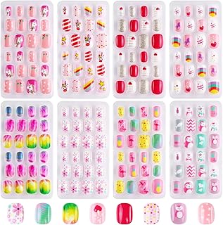 192Pc Press on Nails for Kids,8 Packs Fake Nails for Kids Pre-glue Full Cover Glitter Gradient Color Unicorn Animal press on Nail Kits Sets Gifts for Girls