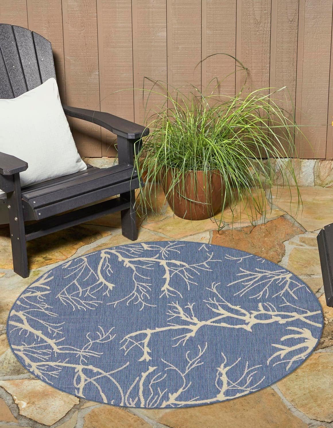 Rugs.com Outdoor Botanical Collection Rug – 6' Round Blue Flatweave Rug Perfect for Kitchens, Dining Rooms